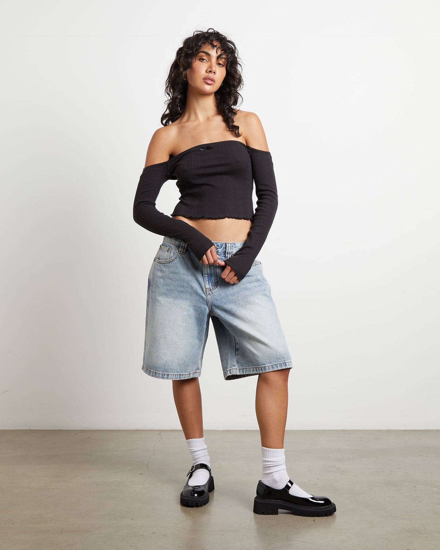 Fate Pointelle Cold Shoulder Tube Top in Black