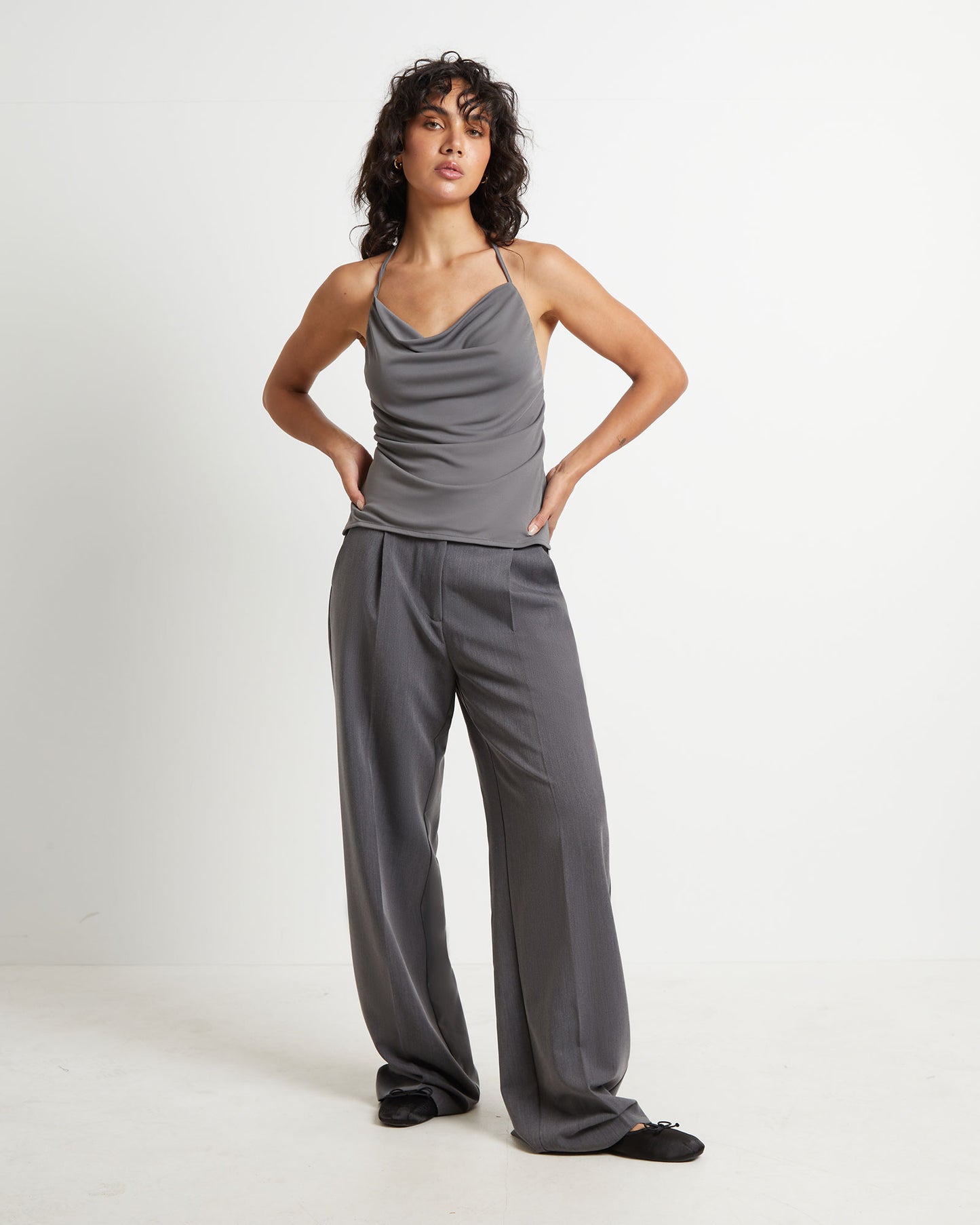 Frankie Slinky Cowl Neck Halter Top in Slate Grey