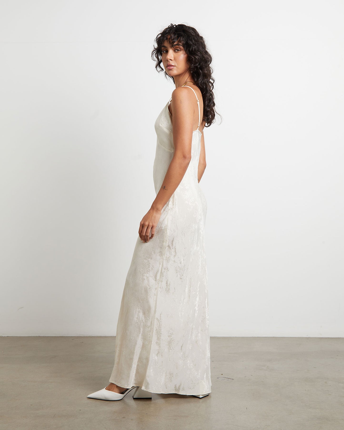 Ember Silky Jacquard Slip Maxi Dress in Butter