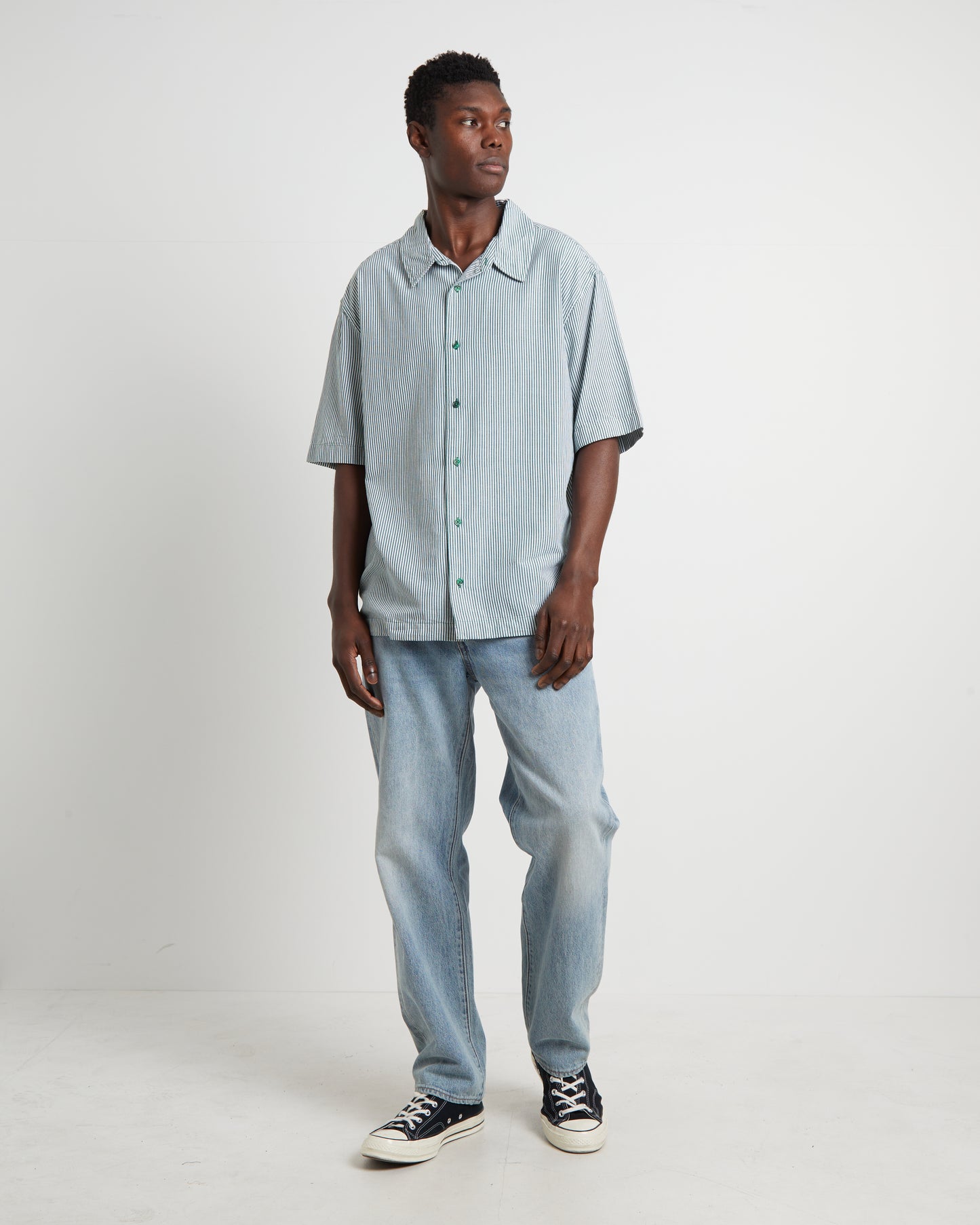 Intergalactic Cuban Short Sleeve Shirt in Emerald Stripe Green