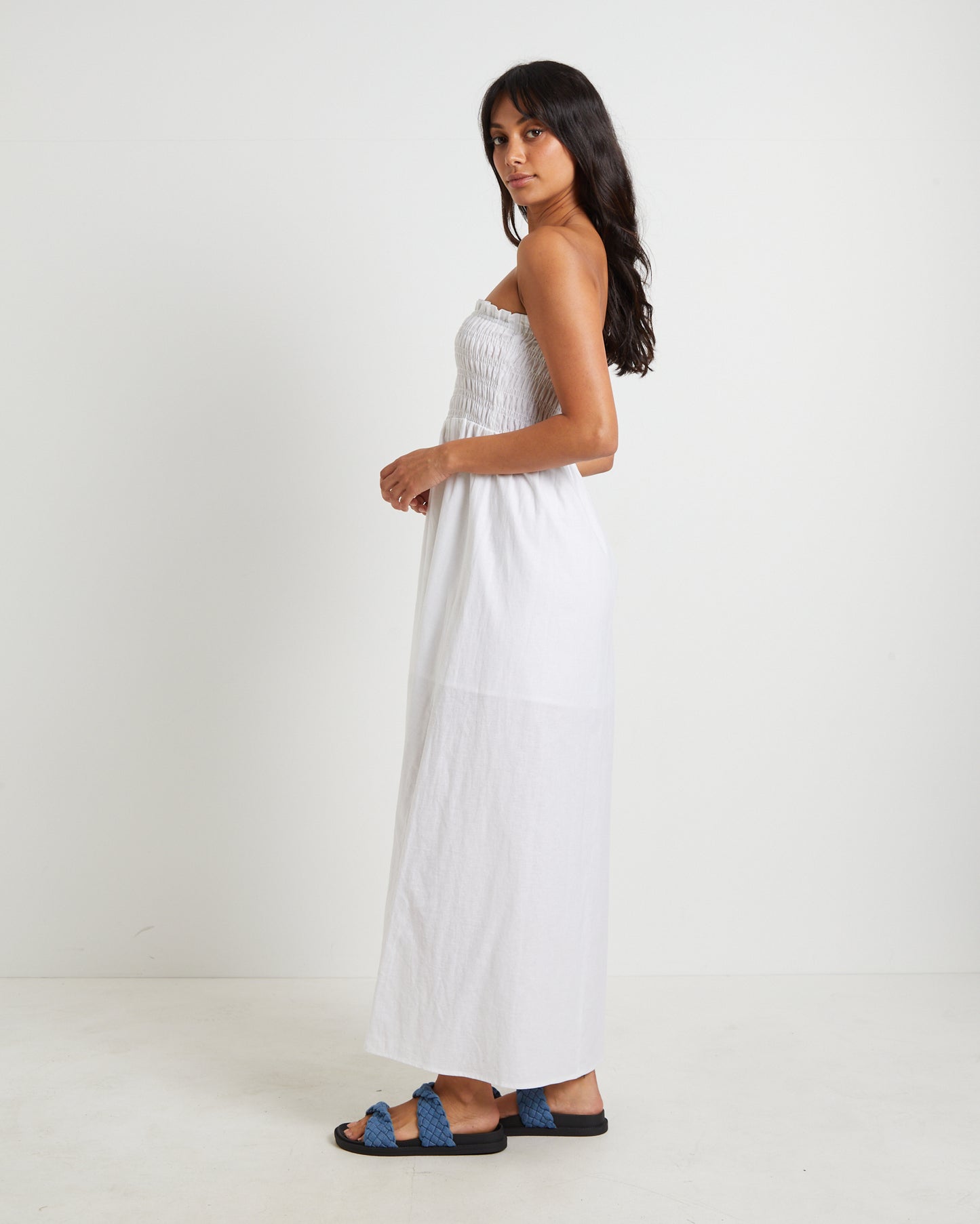 Esme Shirred Bandeau Maxi Dress in White