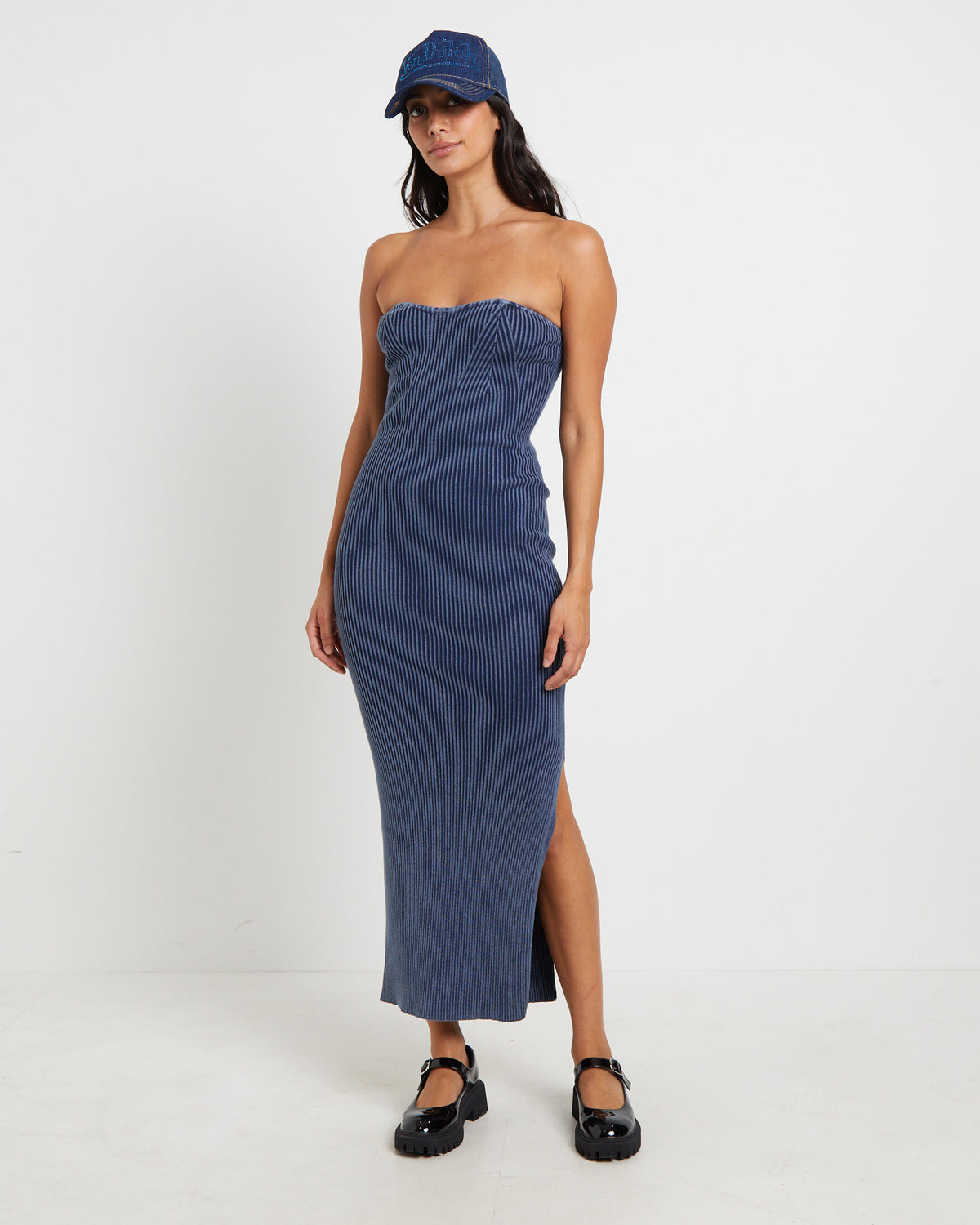 Kiah Acid Rib Knit Bandeau Midi Dress in Blue BLUE