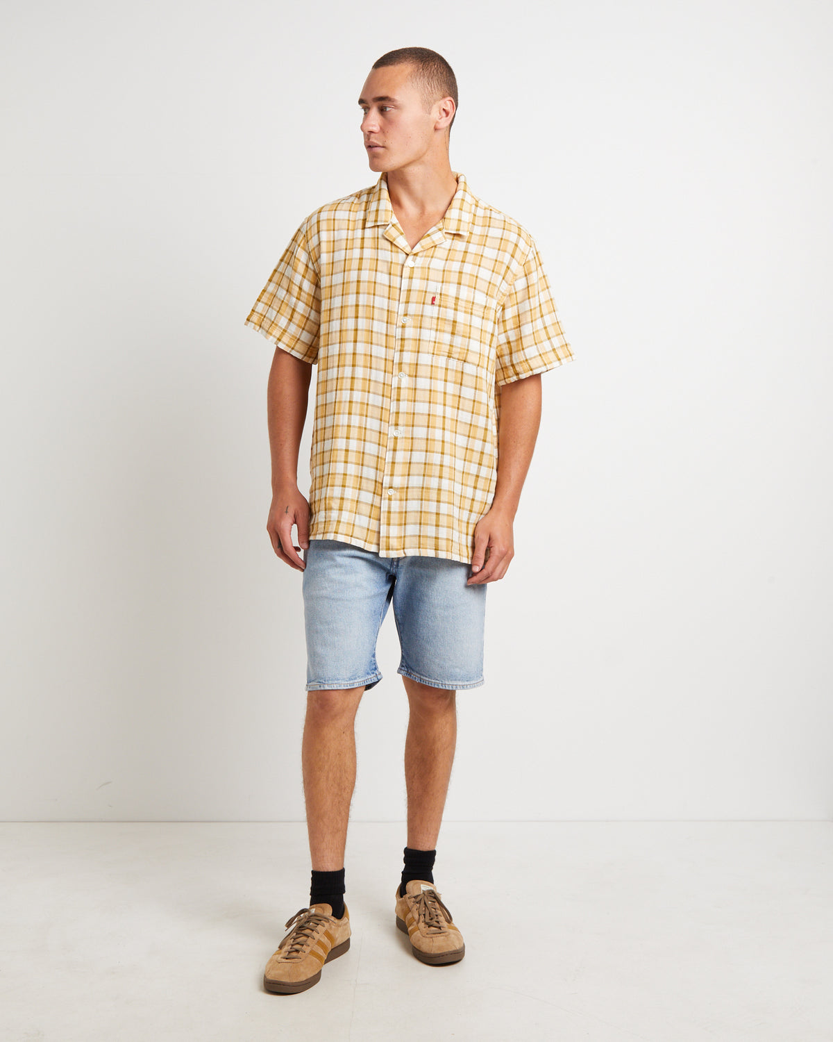 The Sunset Camp Short Sleeve Shirt in Bill Plaid Curry YELLOW