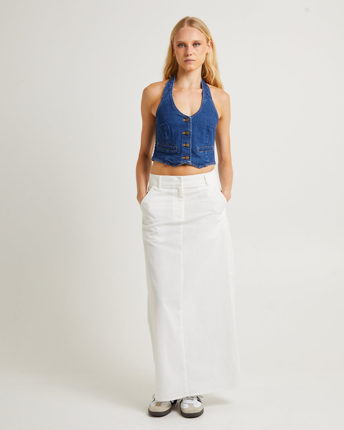 Halter Denim Vest Stone Organic MID VINTAGE BLUE