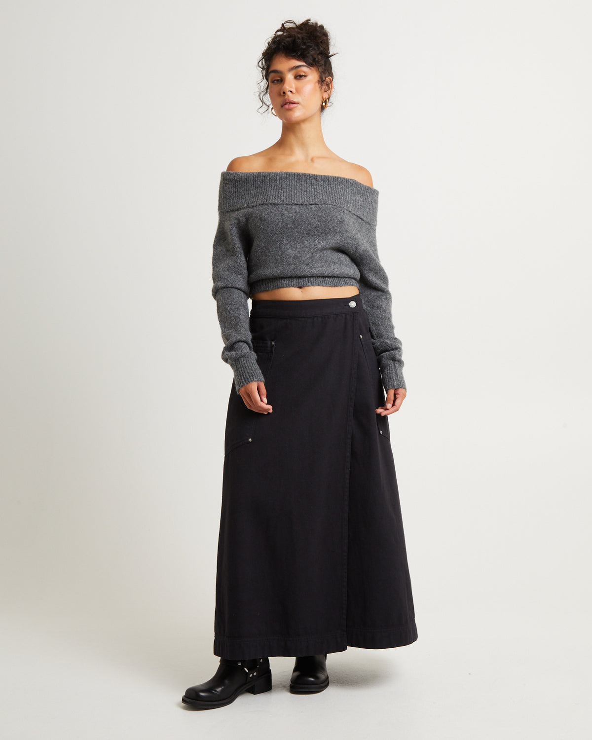 Milly Off Shoulder Knit Sweater CHARCOAL