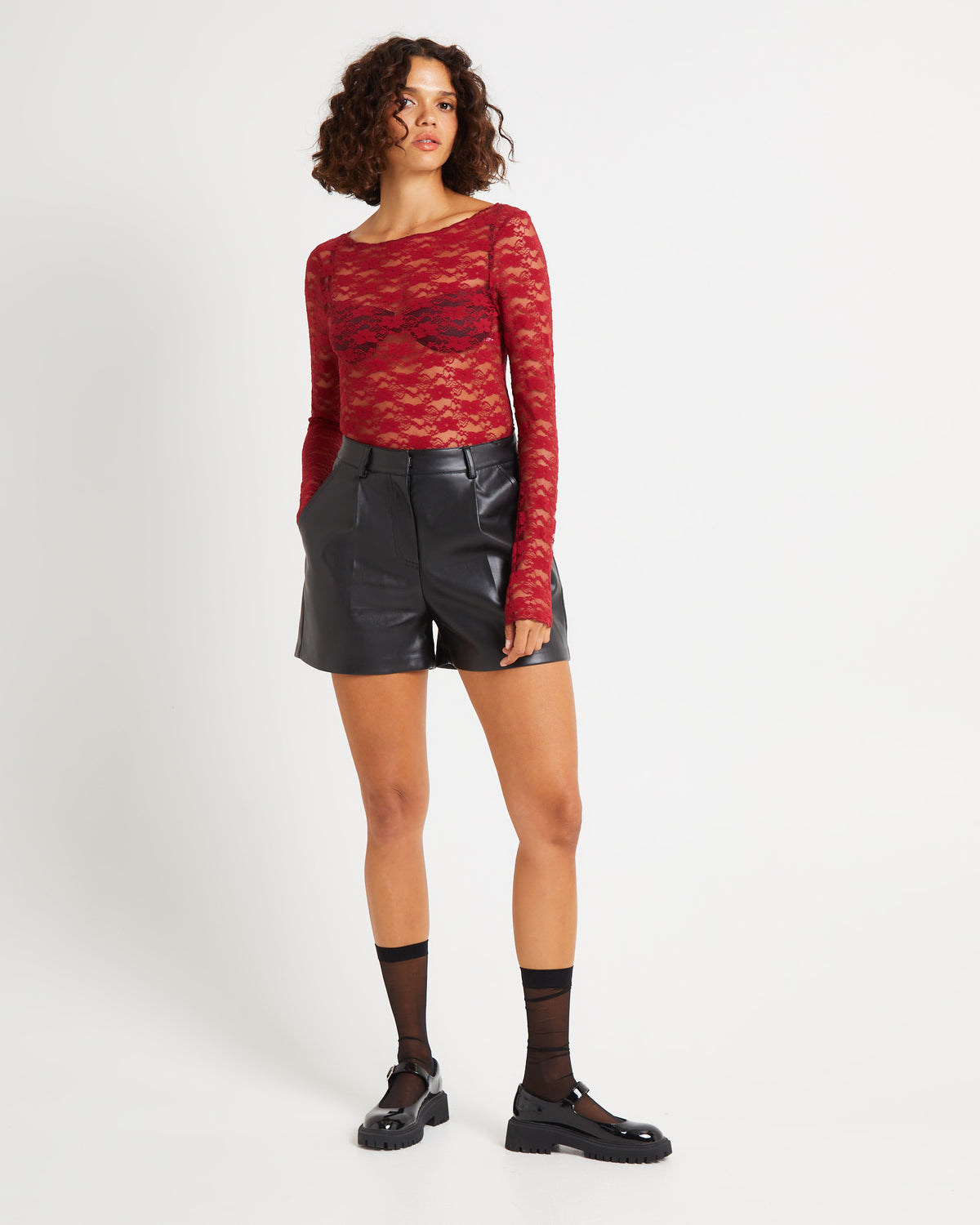 Leah Sheer Long Sleeve Lace Top CHERRY