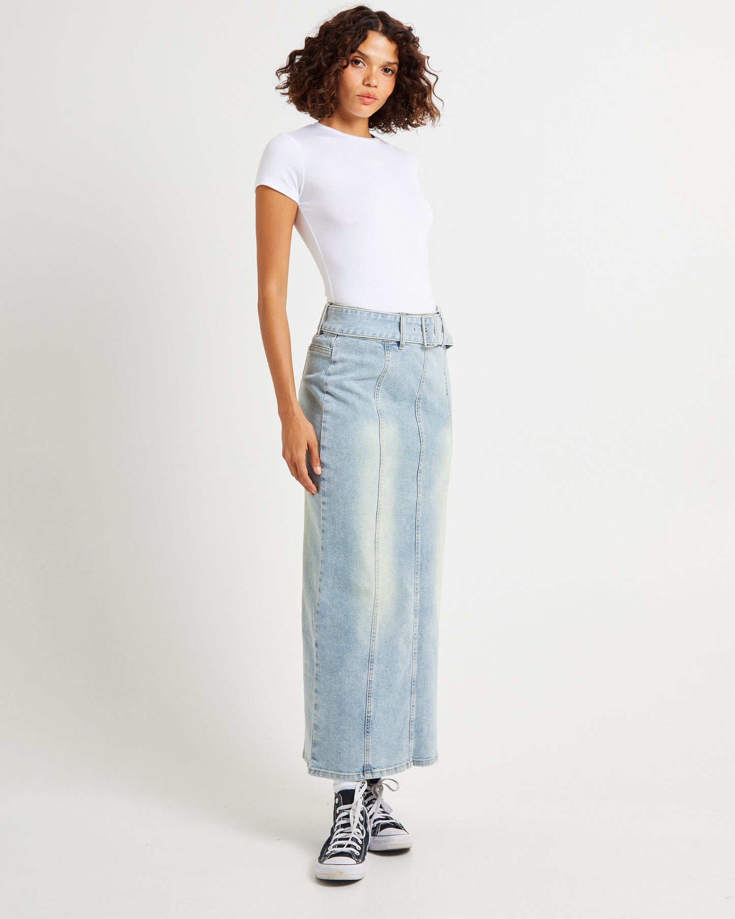 Kaya Low Belted Denim Maxi Skirt