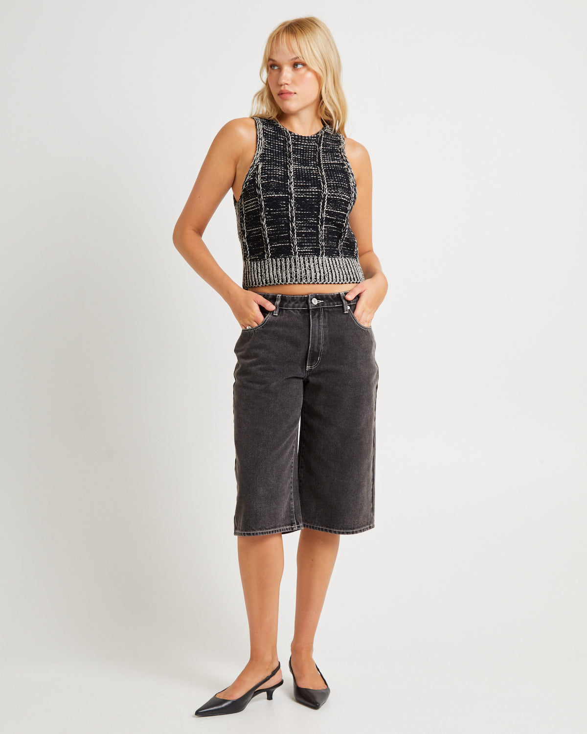Textured Knit Tank Top BLACK/WHITE