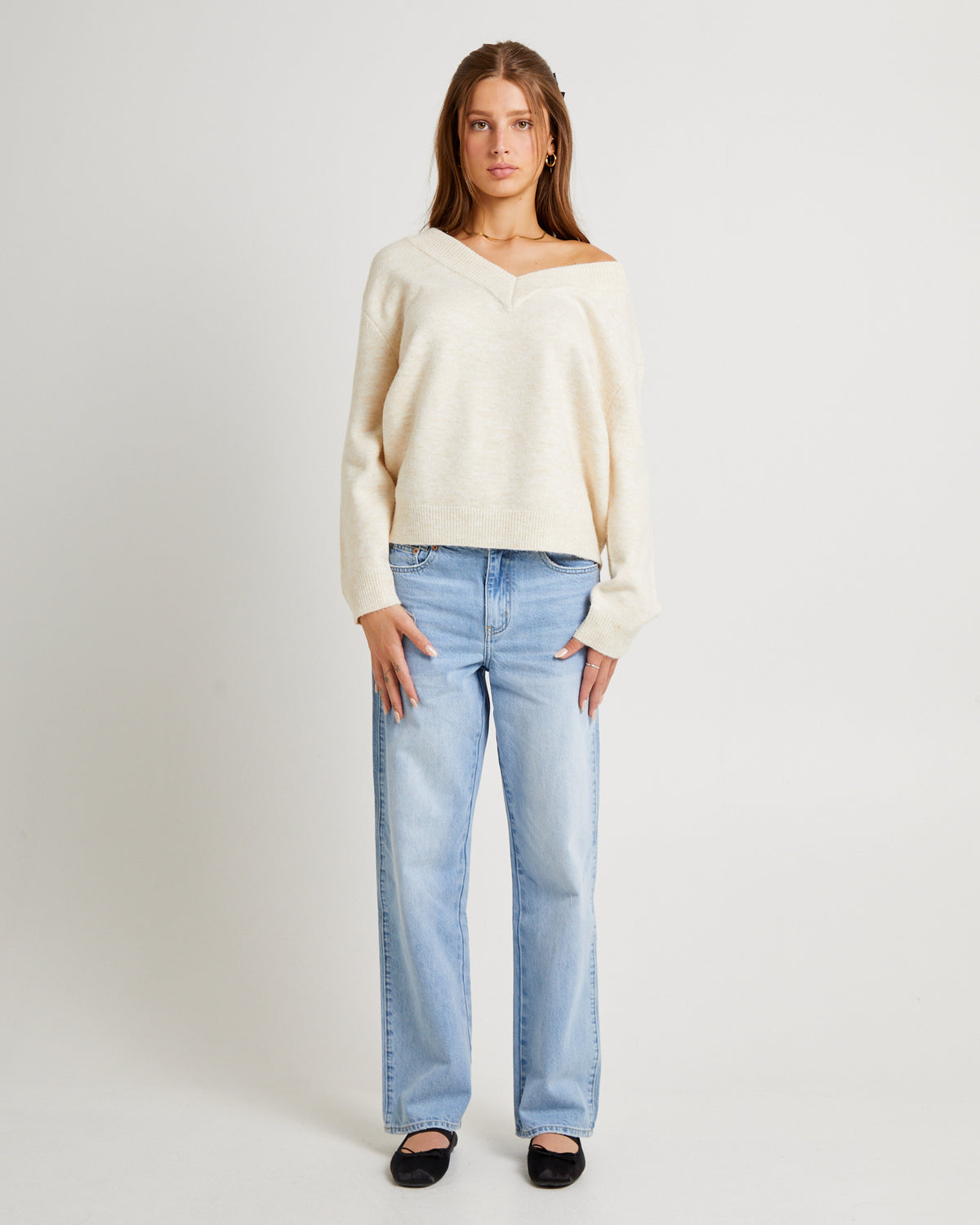 Deep V Neck Slouchy Jumper CASHEW