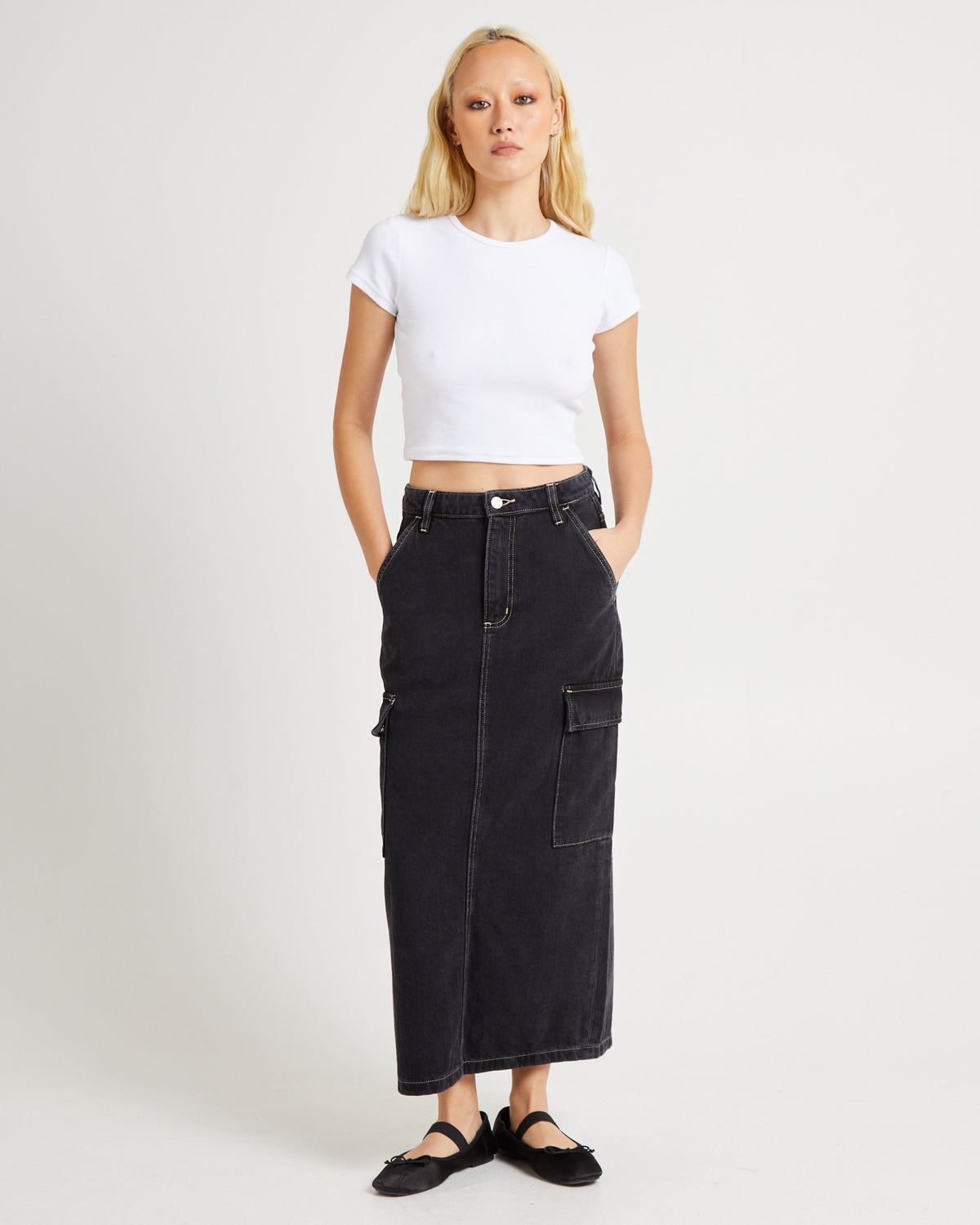 Cargo Midi Denim Skirt Throwback THROWBACK BLACK