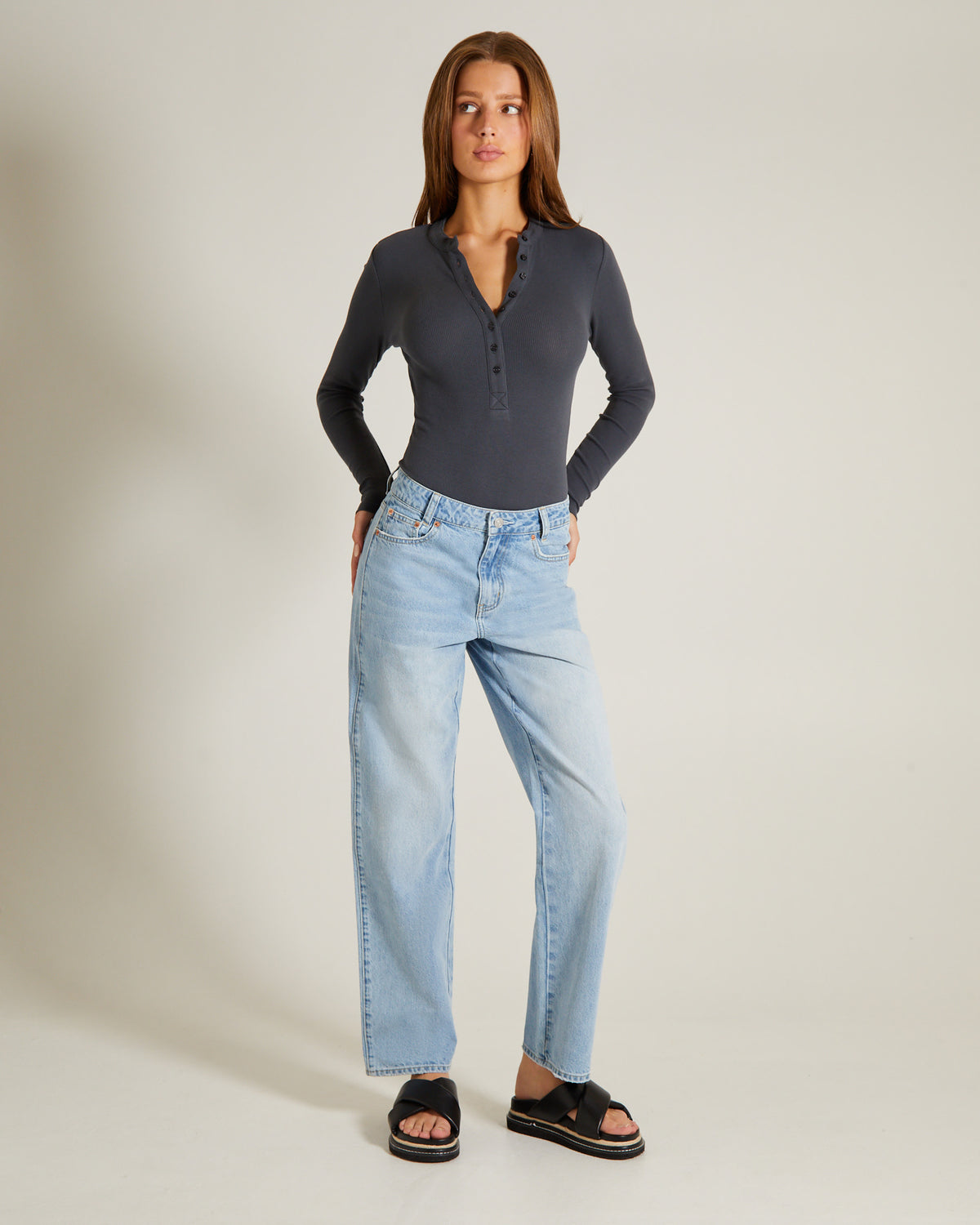 Button Front Long Sleeve Bodysuit CHARCOAL