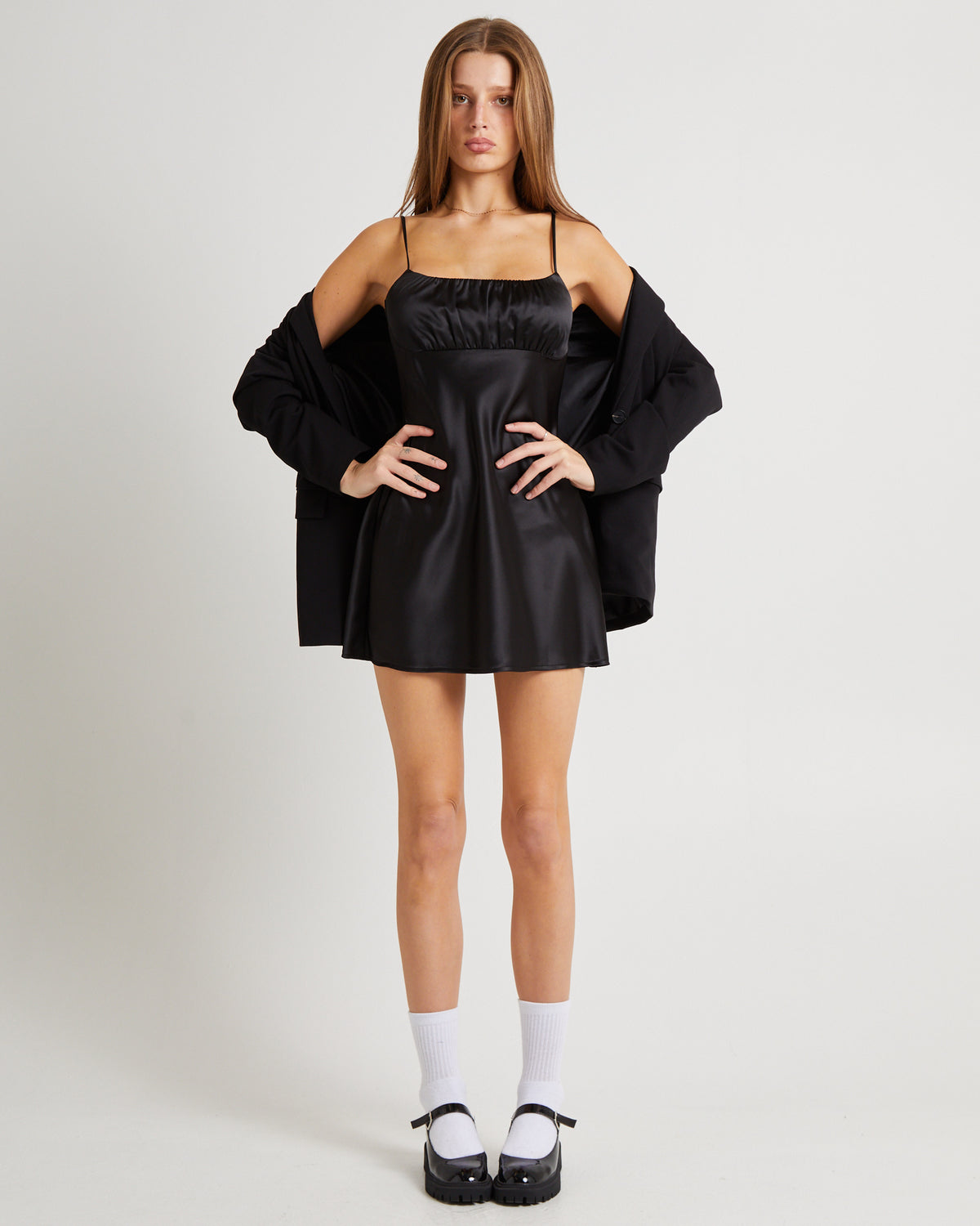 Ivy Ruched Silky Slip Mini Dress BLACK