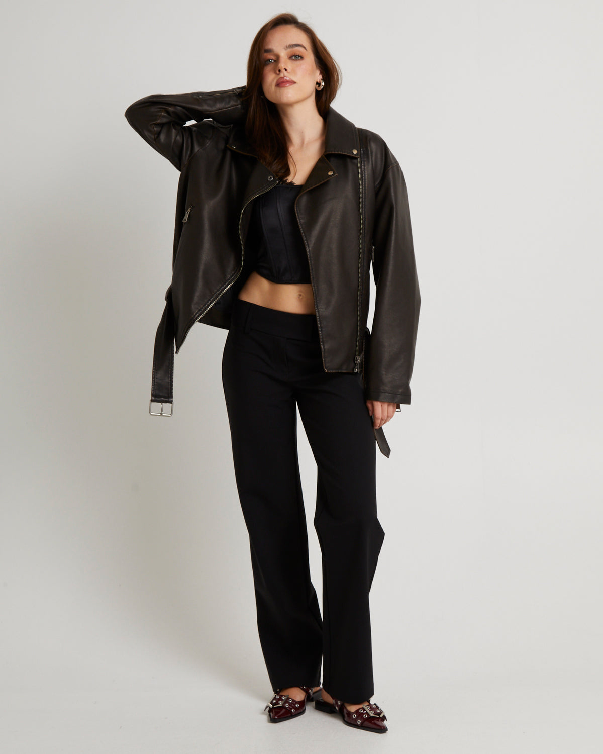Ines Distressed Biker Jacket CHOCOLATE