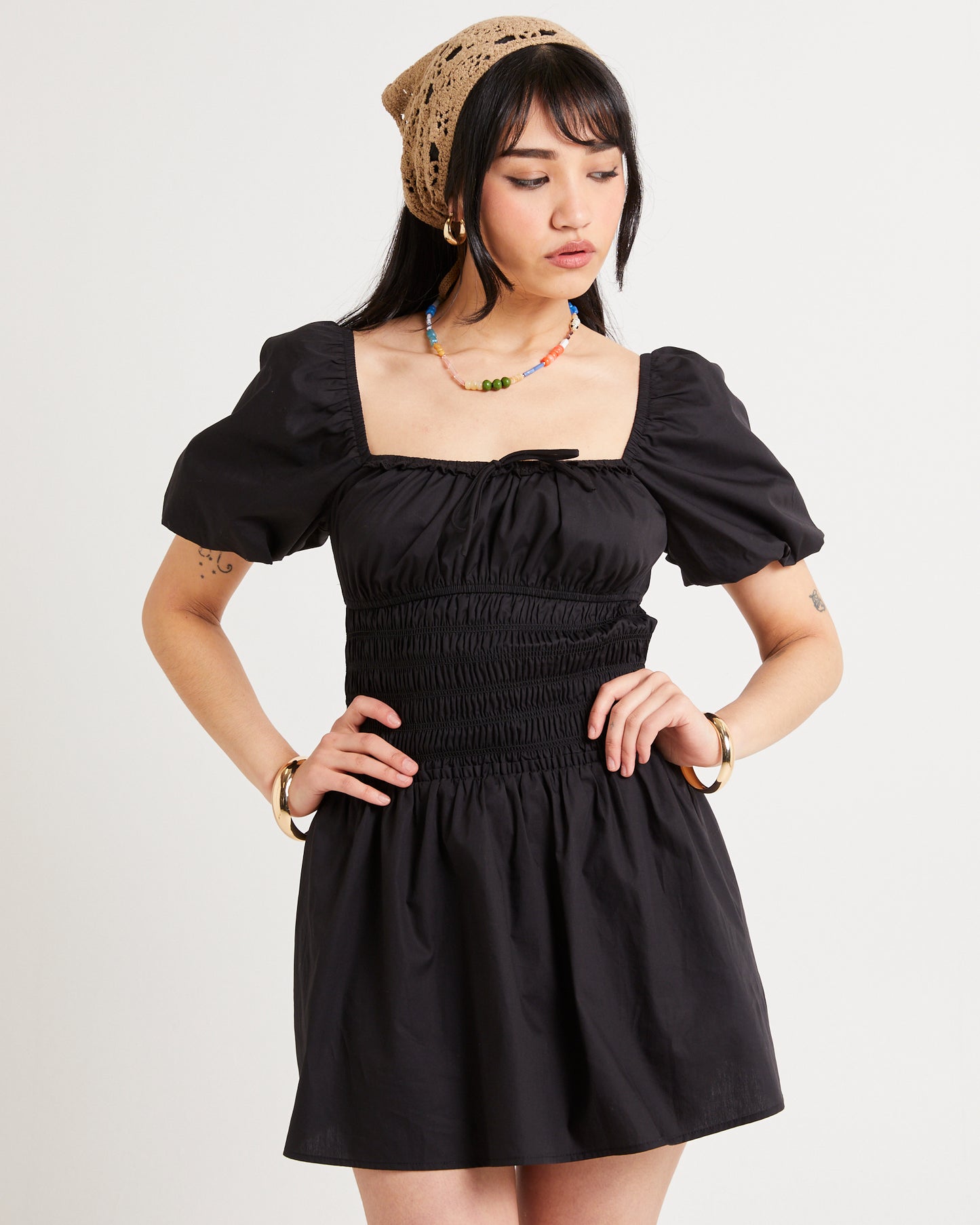 Kora Puff Sleeve Shirred Mini Dress