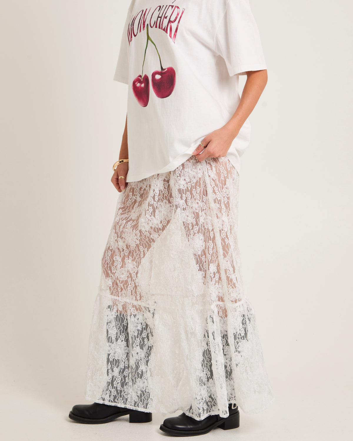 Imani Lace Tiered Maxi Skirt WHITE
