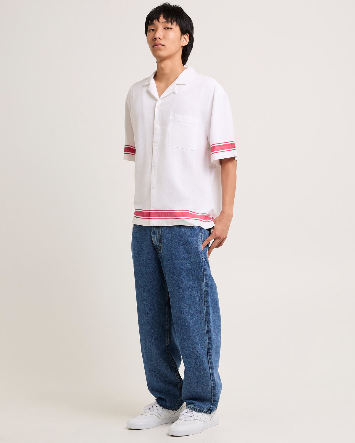 Border Linen Short Sleeve Resort Shirt WHITE