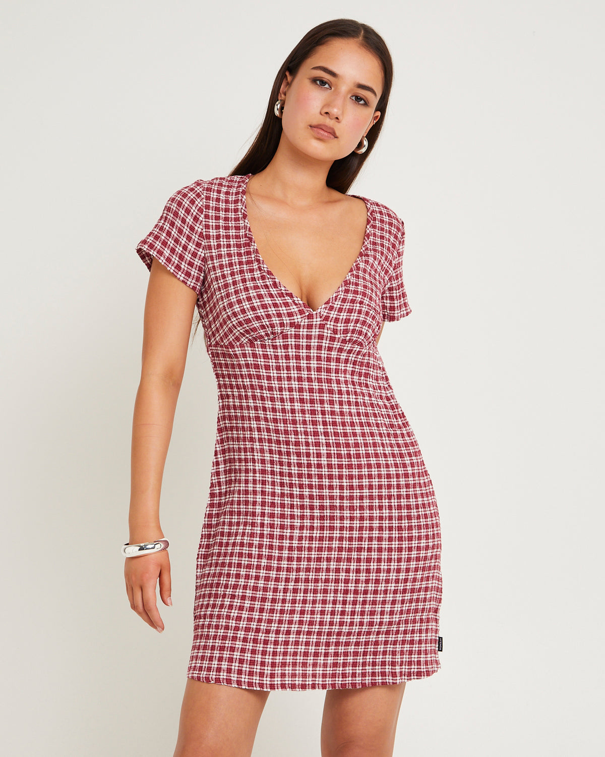 Base Seersucker Mini Dress BURGUNDY CHECK