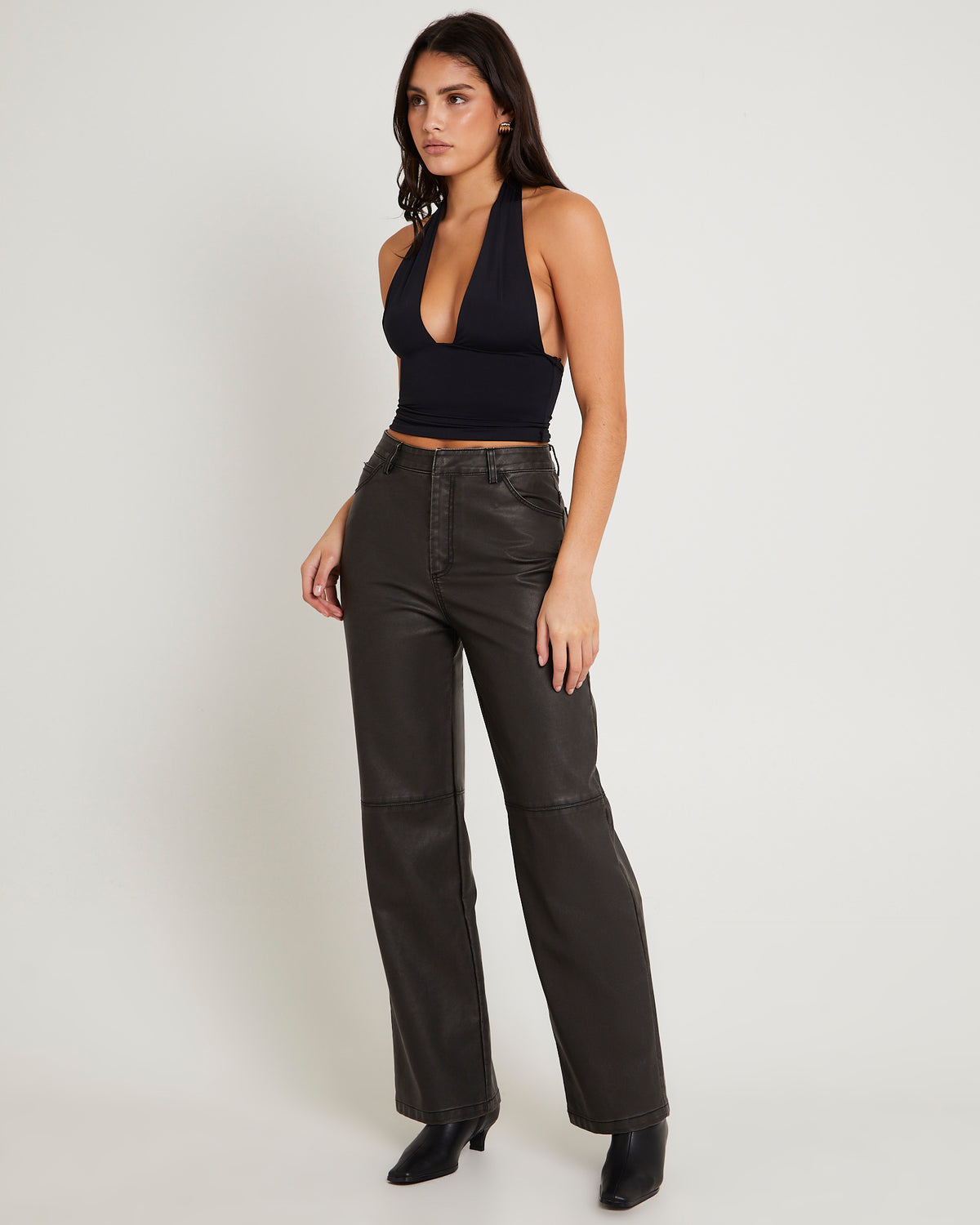Esme Leather Look Straight Pants BLACK