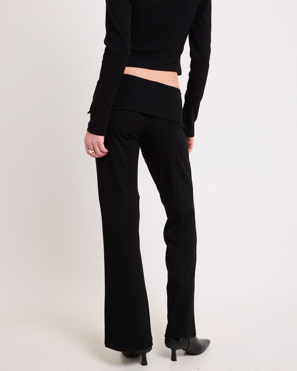 Rib Fold Waist Flare Pants BLACK