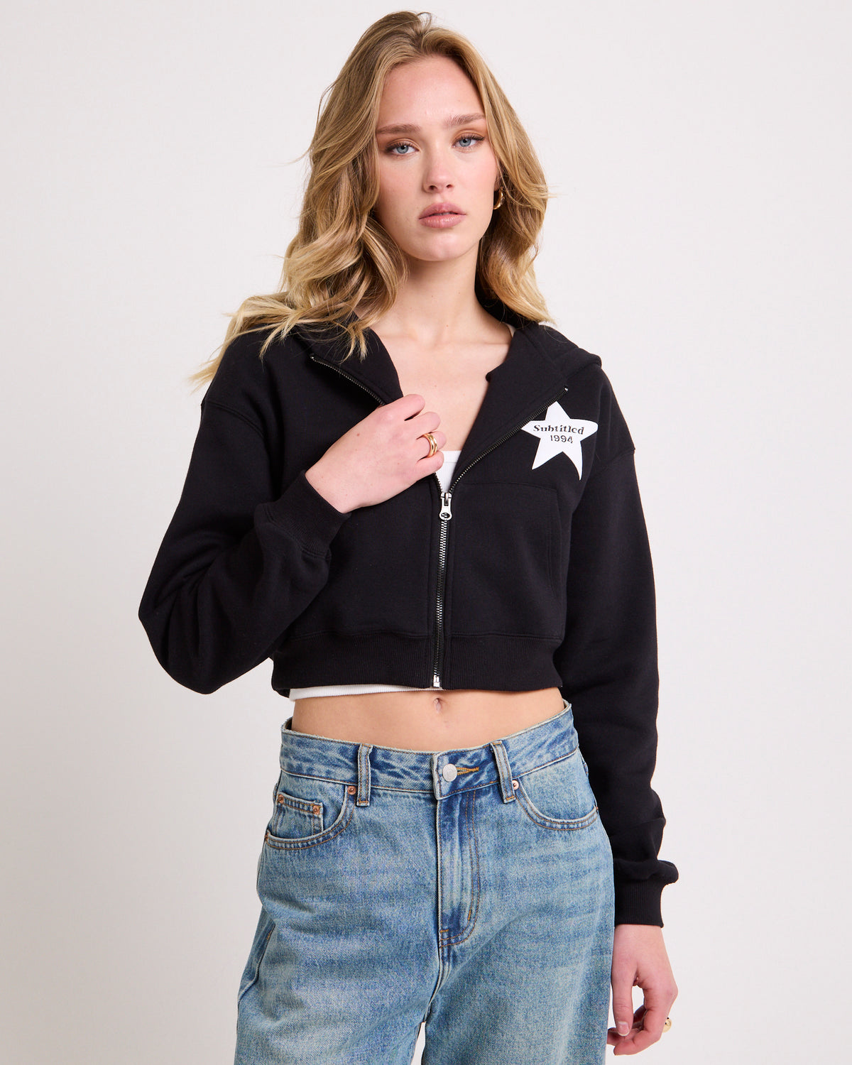 Stargazer Cropped Zip Hoodie BLACK