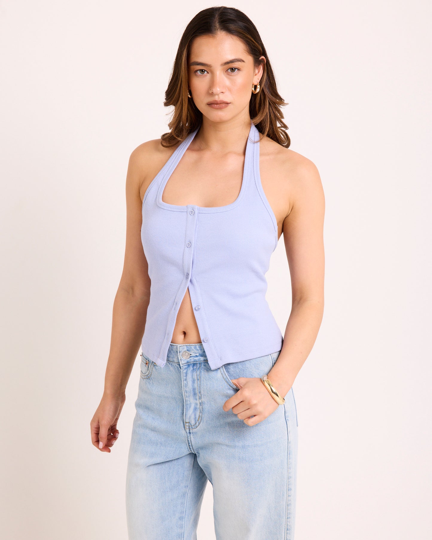 Saga Rib Button Halter Tank