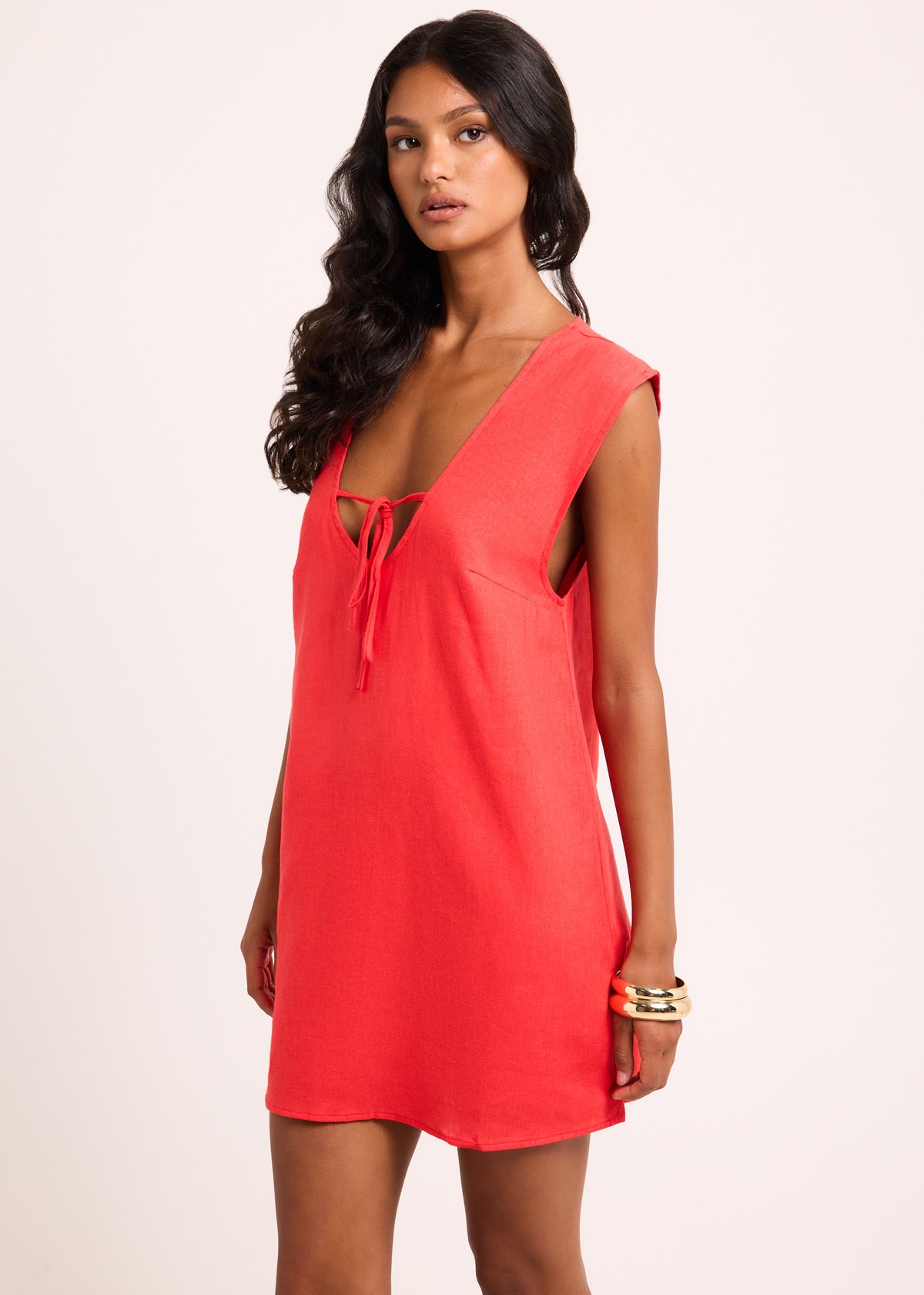 Everlyn Linen Scoop Neck Mini Dress RED
