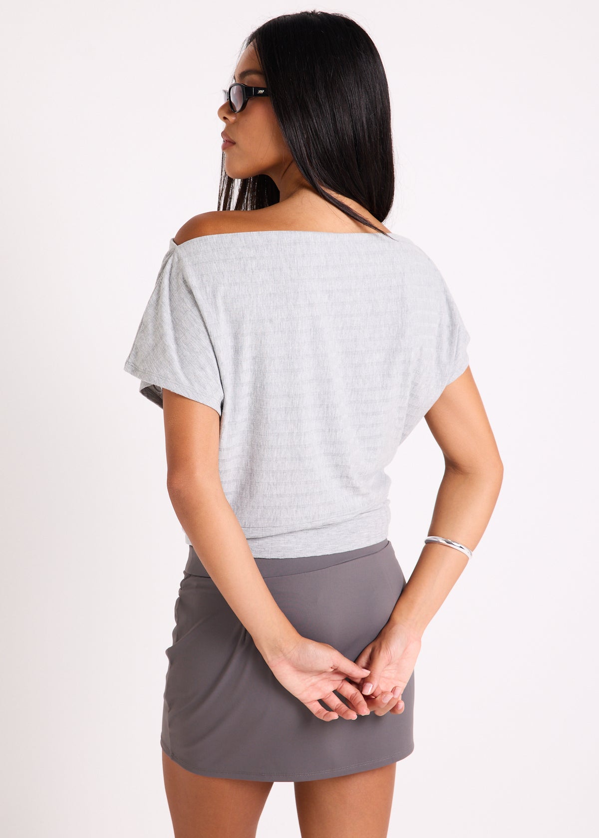 Pip Rib Off Shoulder Top GREY