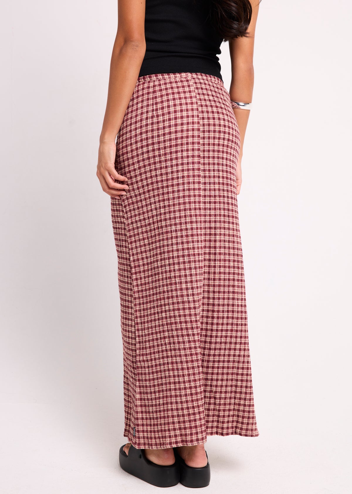 Capricorn Seersucker Maxi Skirt BURGANDY / BEIGE CHECK
