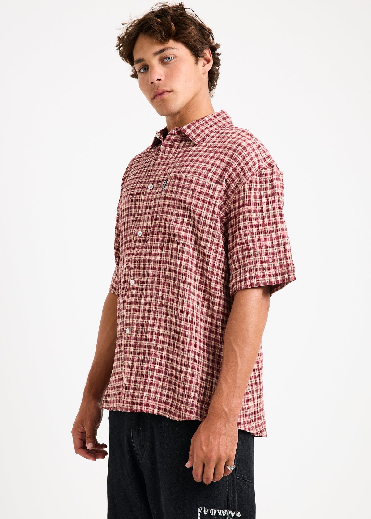 Capricorn Seersucker Short Sleeve Shirt BURGUNDY / BEIGE CHECK