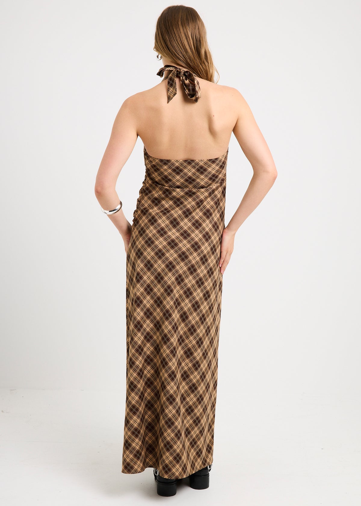 Kiera Ruched Check Halter Maxi Dress BROWN