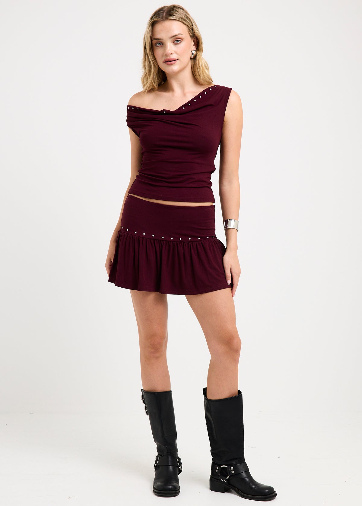 Lina Studded Cowl Neck Top BURGUNDY