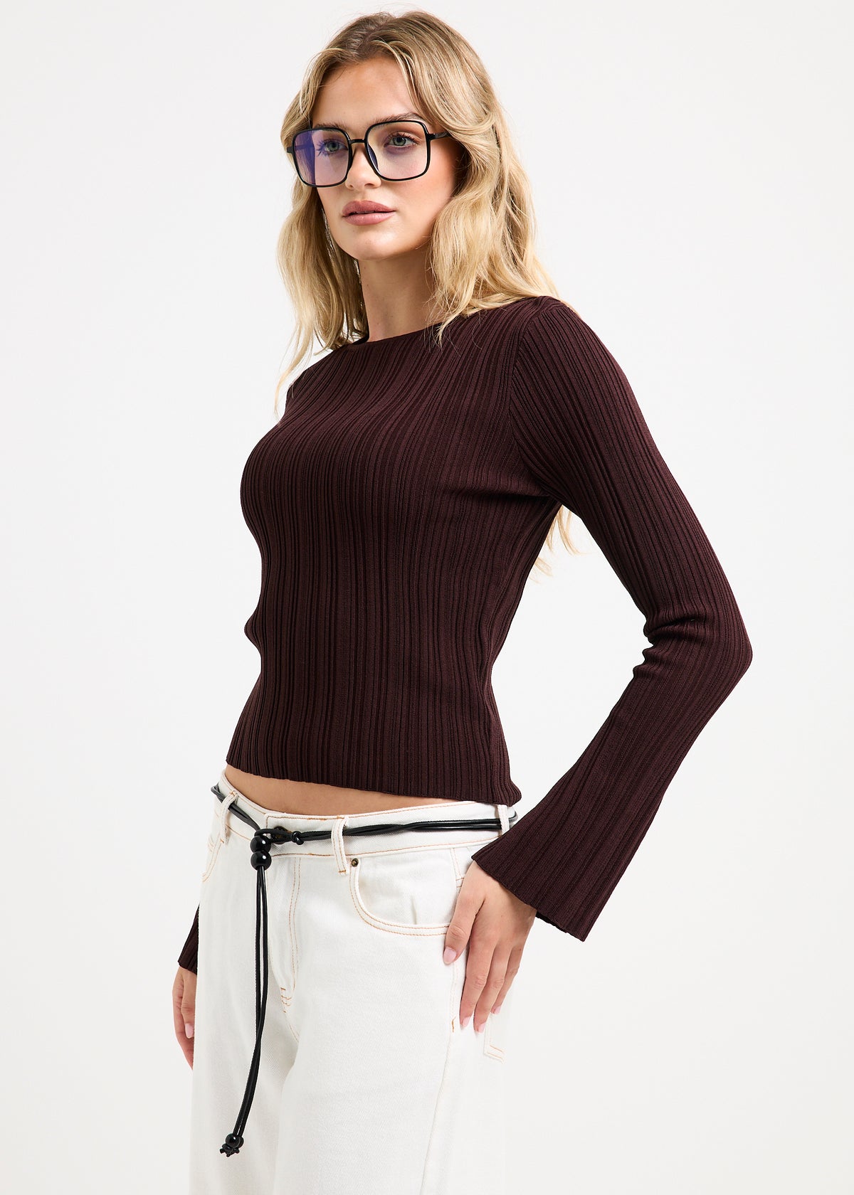 Holland Boat Neck Long Sleeve Knit Top CHOCOLATE