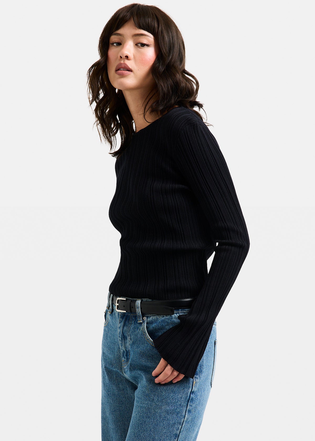 Holland Boat Neck Long Sleeve Knit Top BLACK