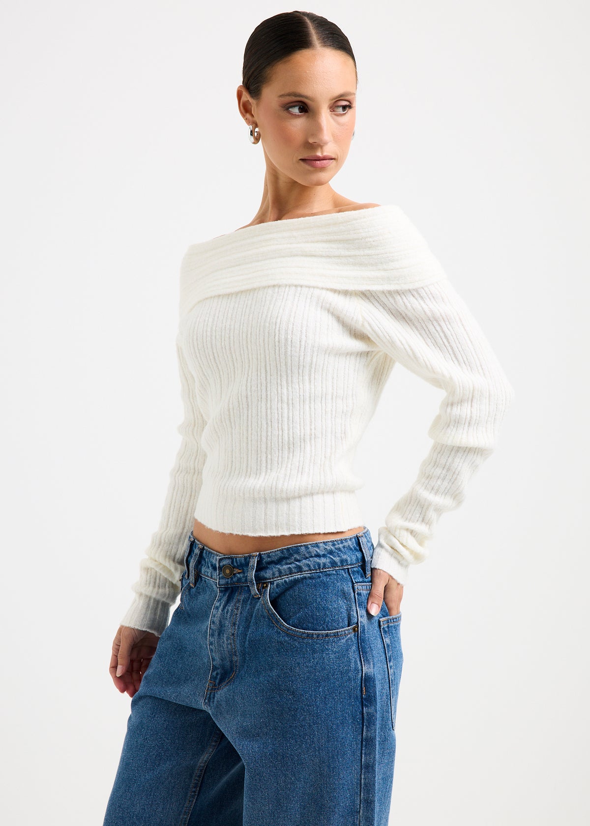 Claudia Off Shoulder Rib Knit Top IVORY