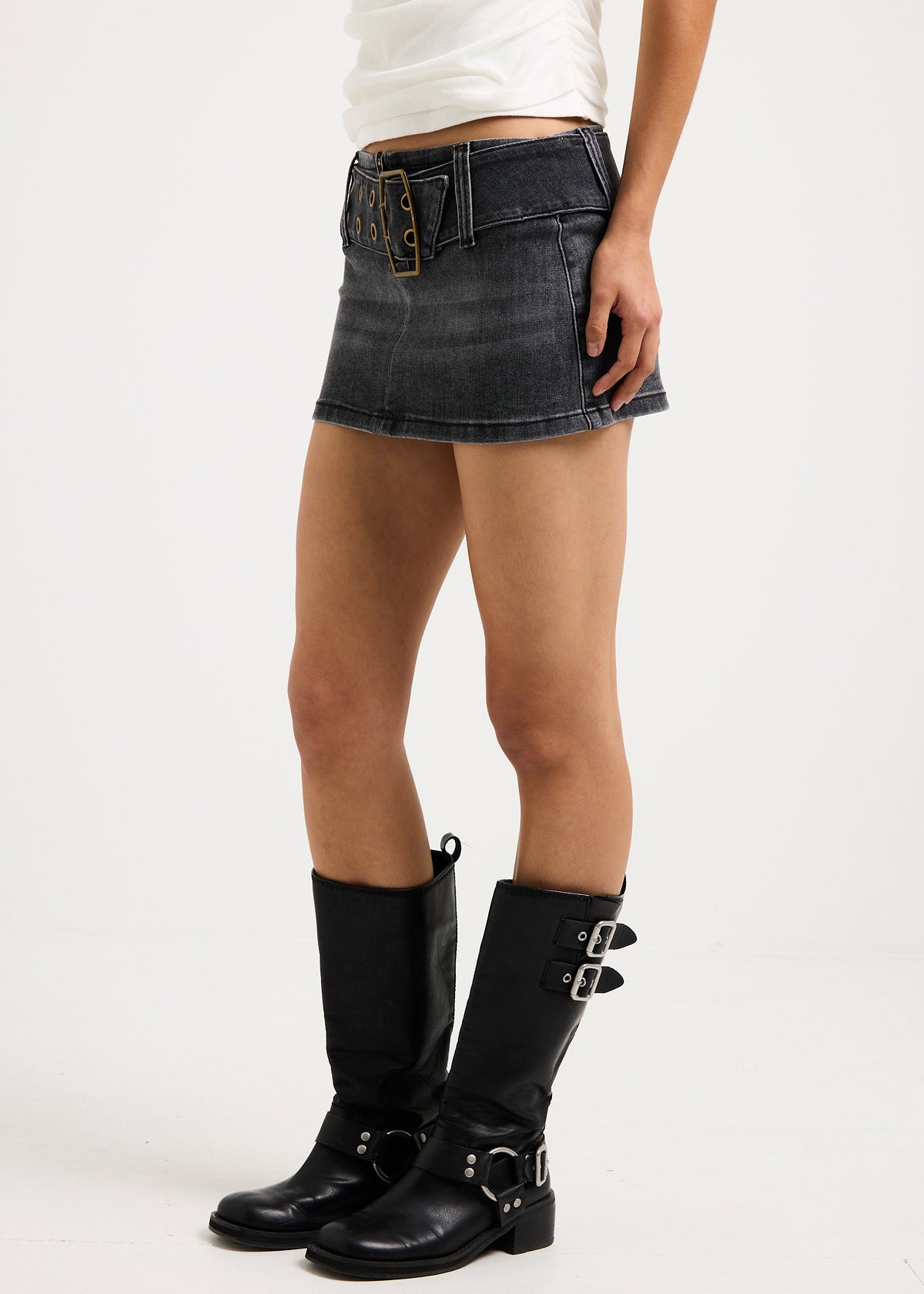 Leia Belted Denim Mini Skirt MOOD GREY