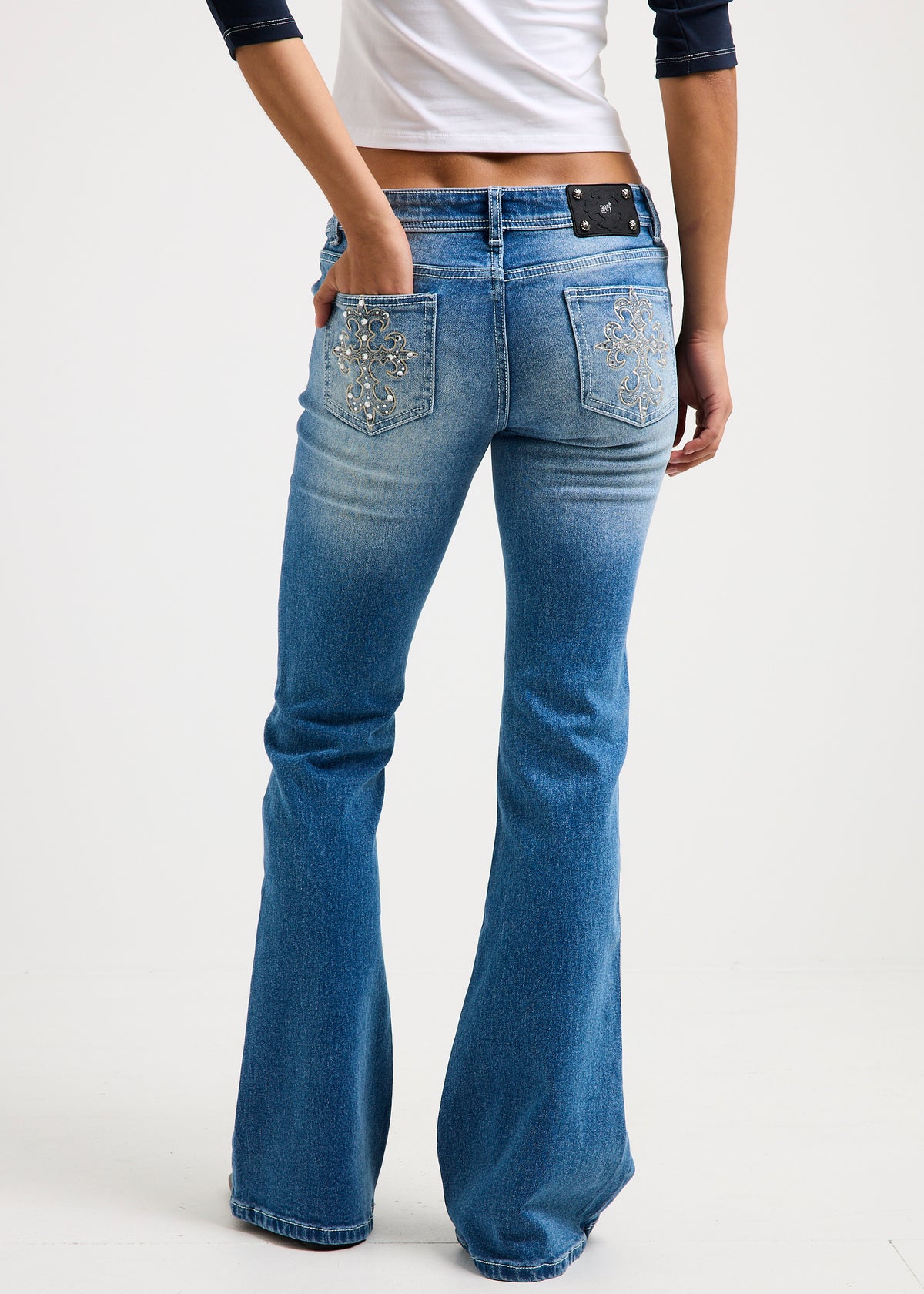 Beckham Y2K Flare Denim Jeans INDIGO WHISKERED