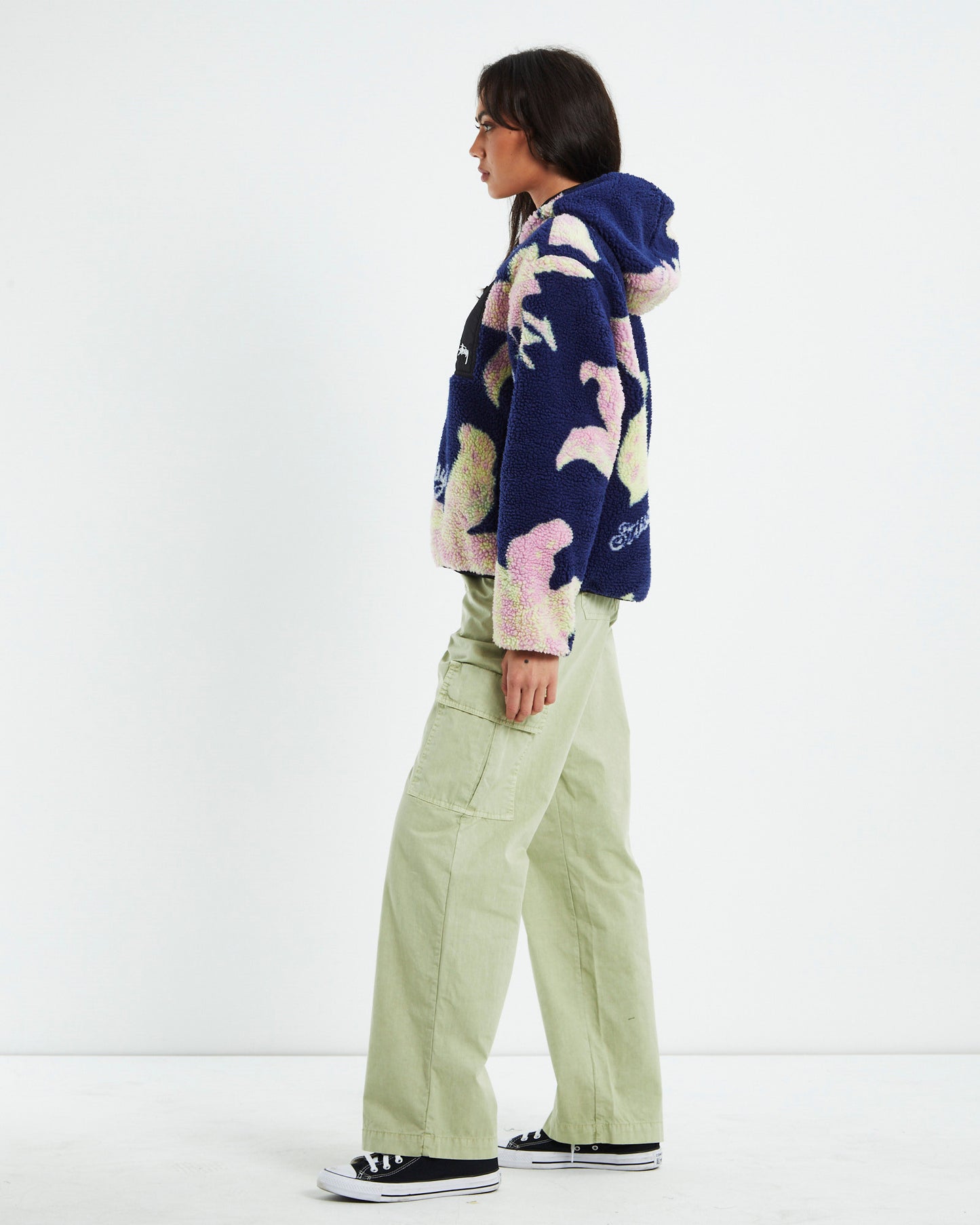 Stock Sherpa Hoodie Jacket Floral Navy