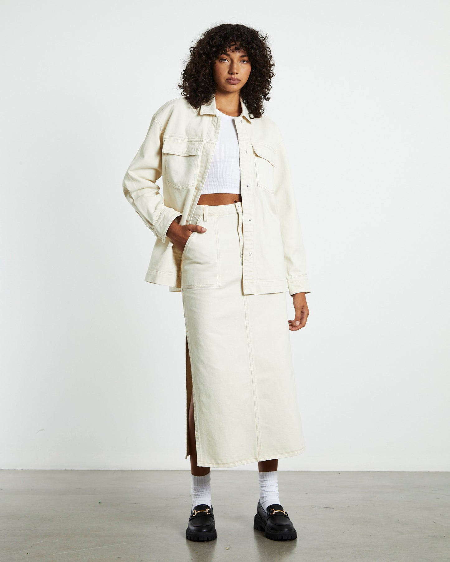 Claudia Denim Midi Skirt Sand White