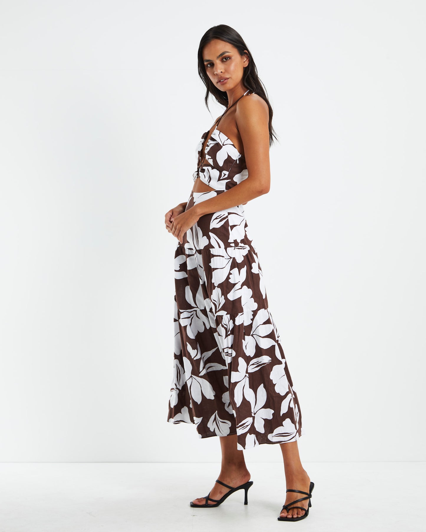 Niah Tiered Tie Up Dress Brown/White