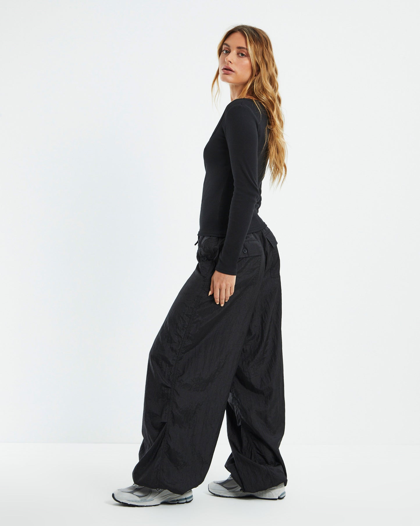 Open Neck Long Sleeve Top Black