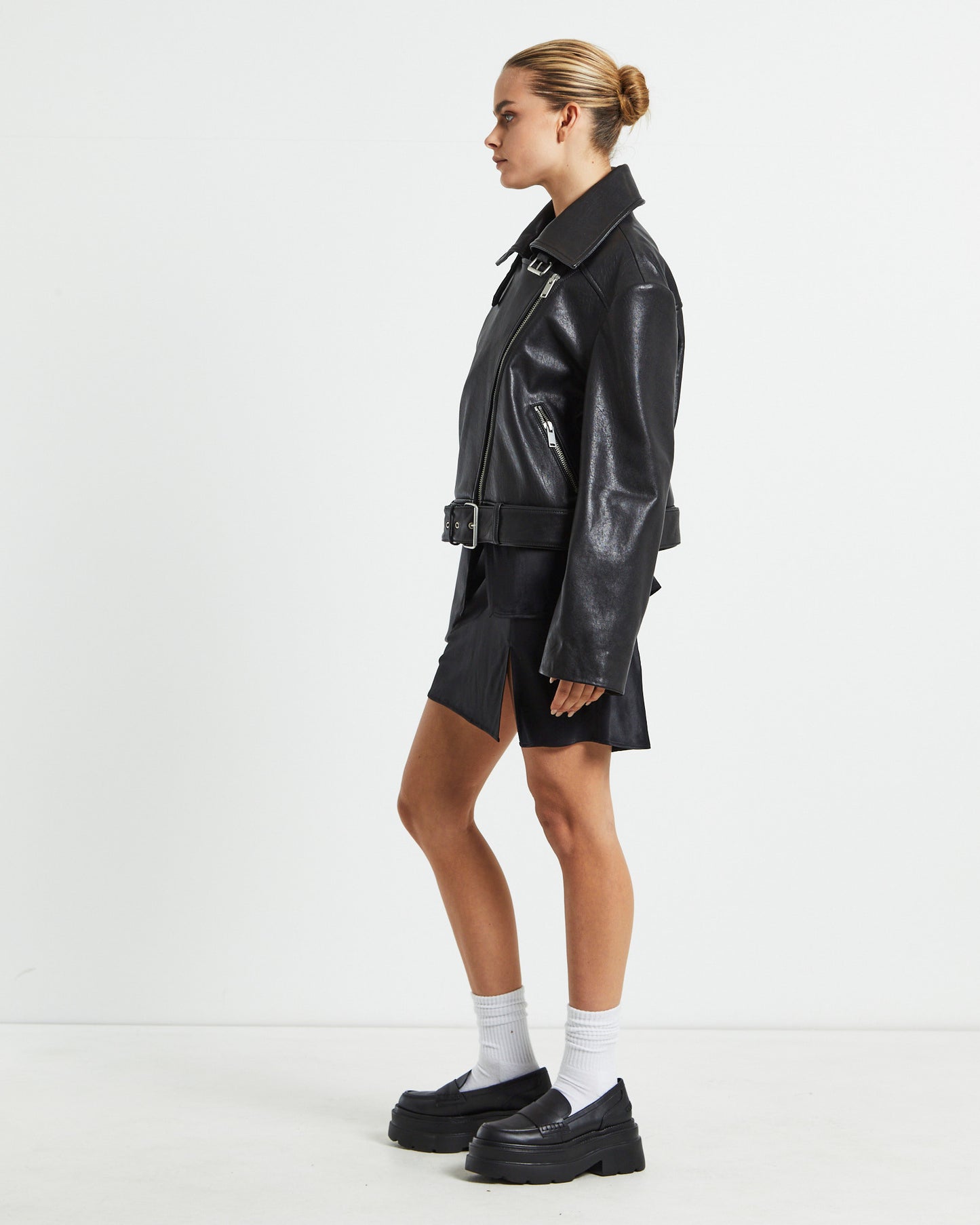 Zoe Longline Leather Biker Jacket Black
