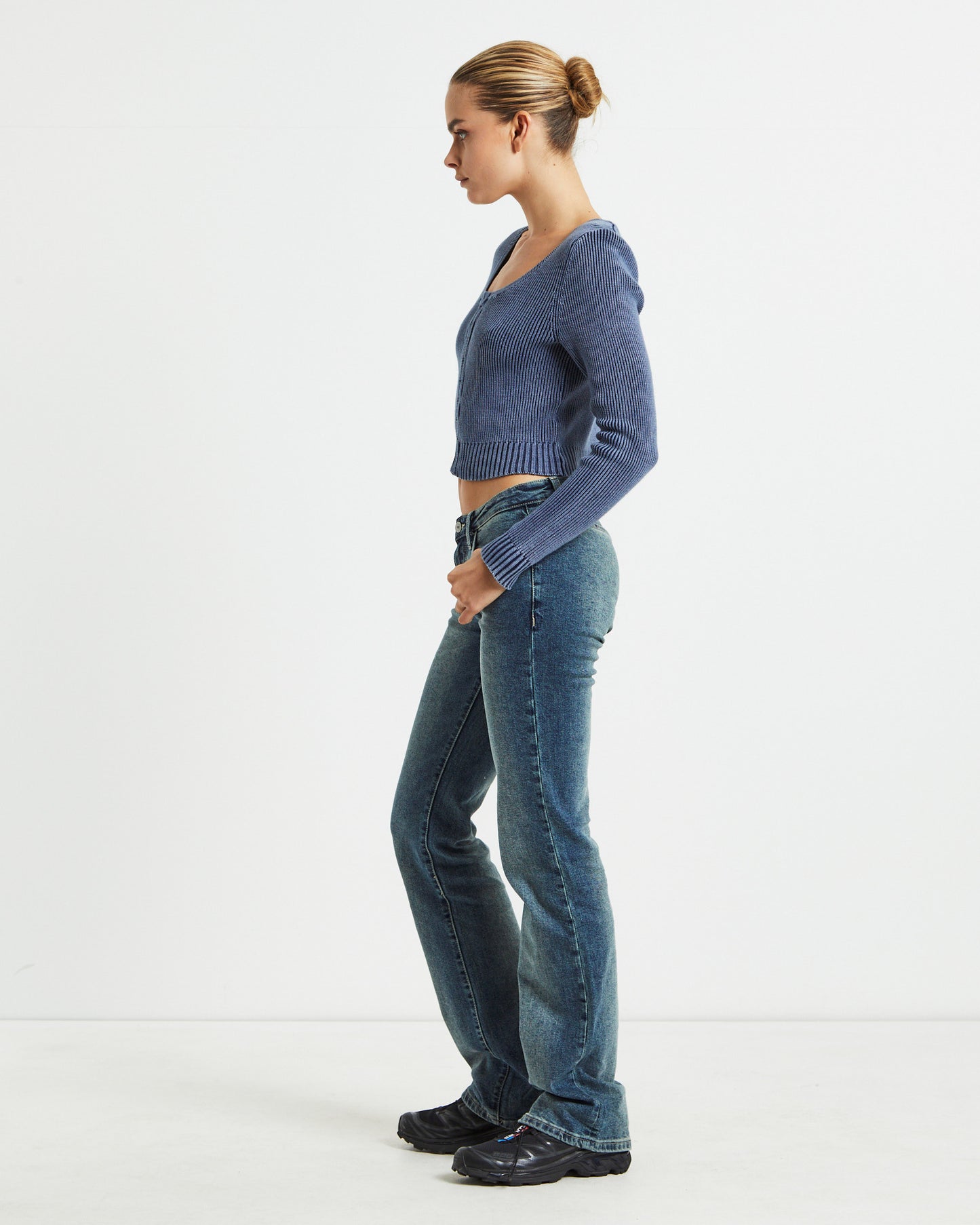 Daija Ribbed Knit Hook Front Long Sleeve Top Ink Blue