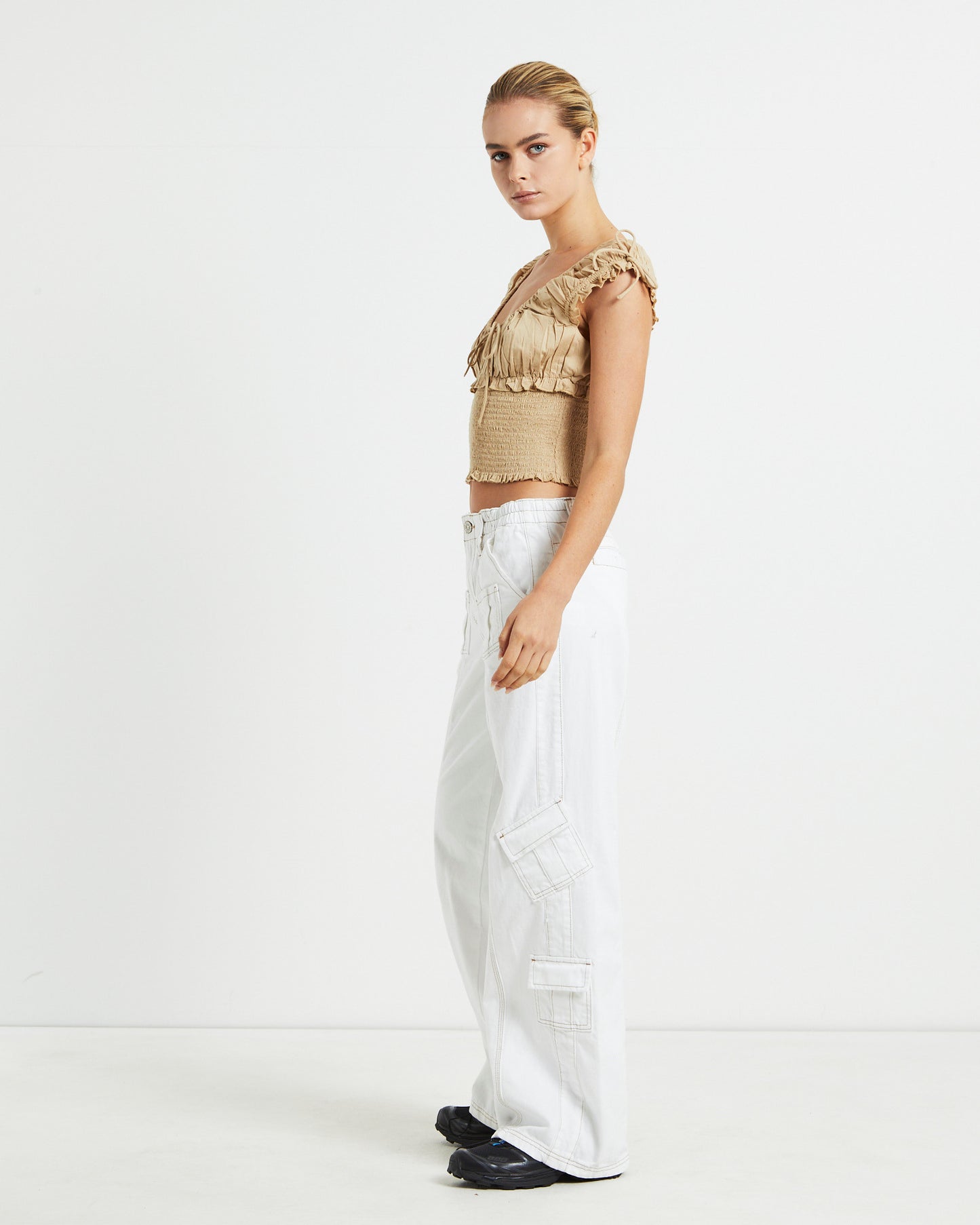 BDG Nova Rouched Blouse Top Cream