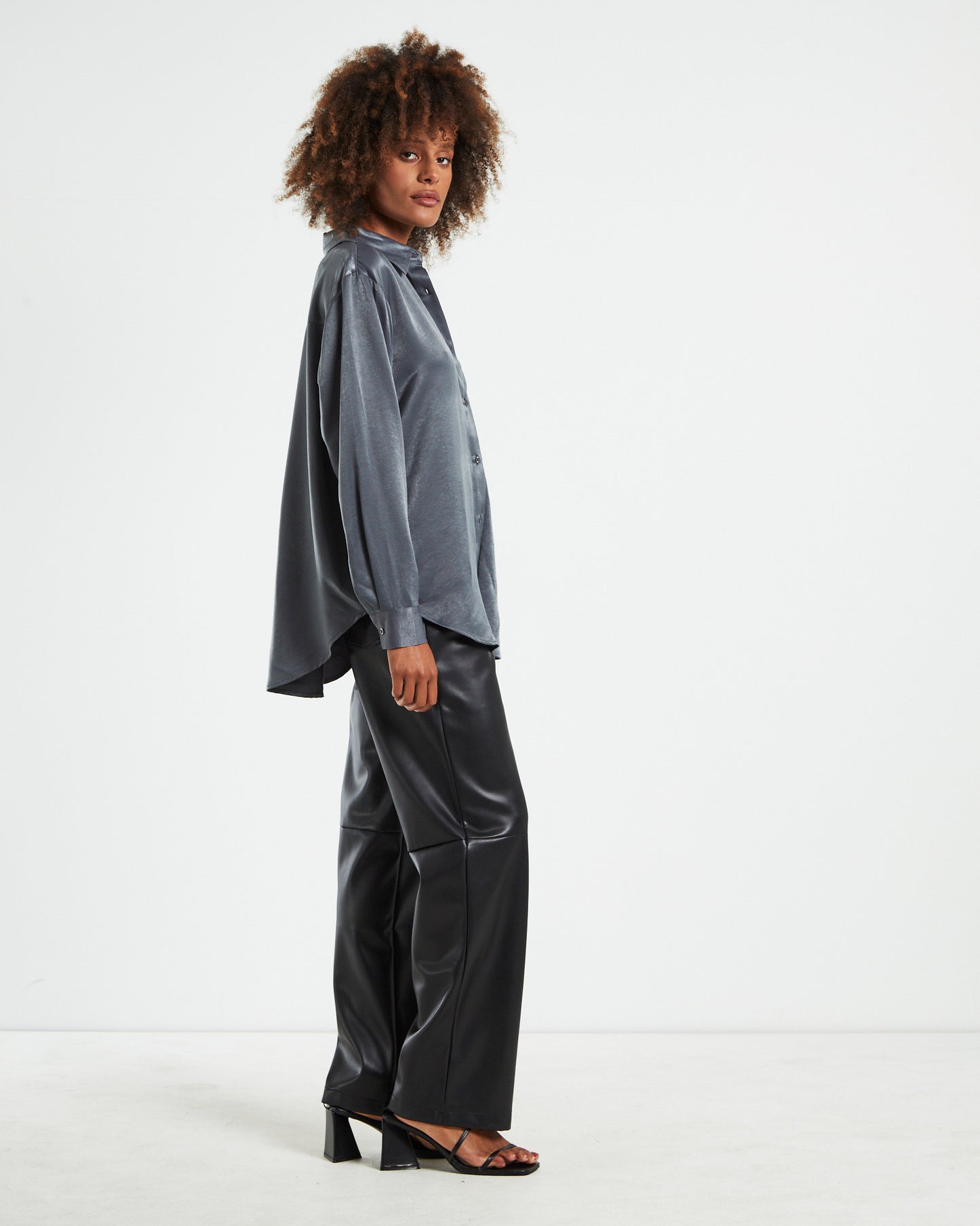 Tina Silky Oversized Long Sleeve Shirt Charcoal