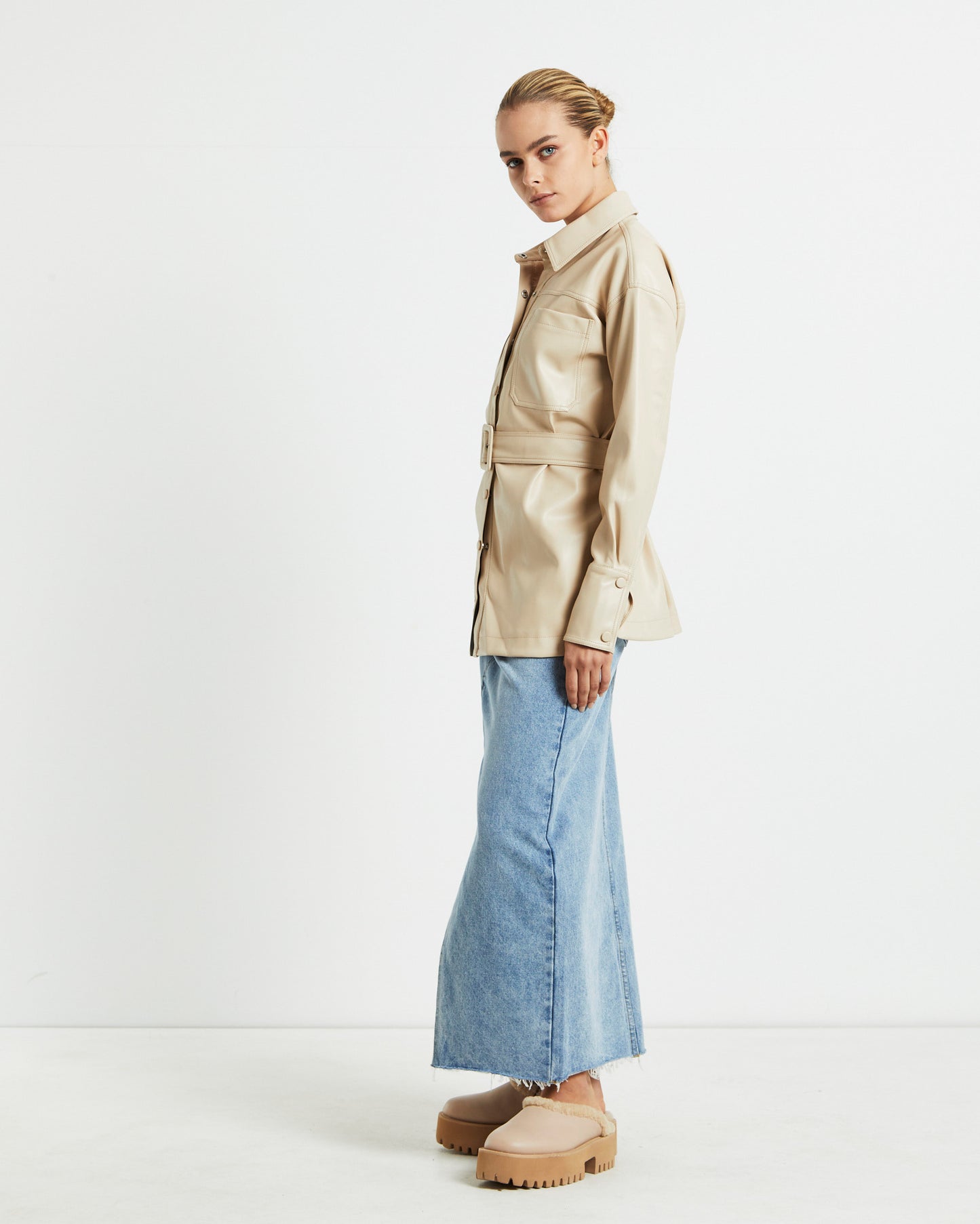 Millie PU Utility Long Sleeve Over Shirt Cream