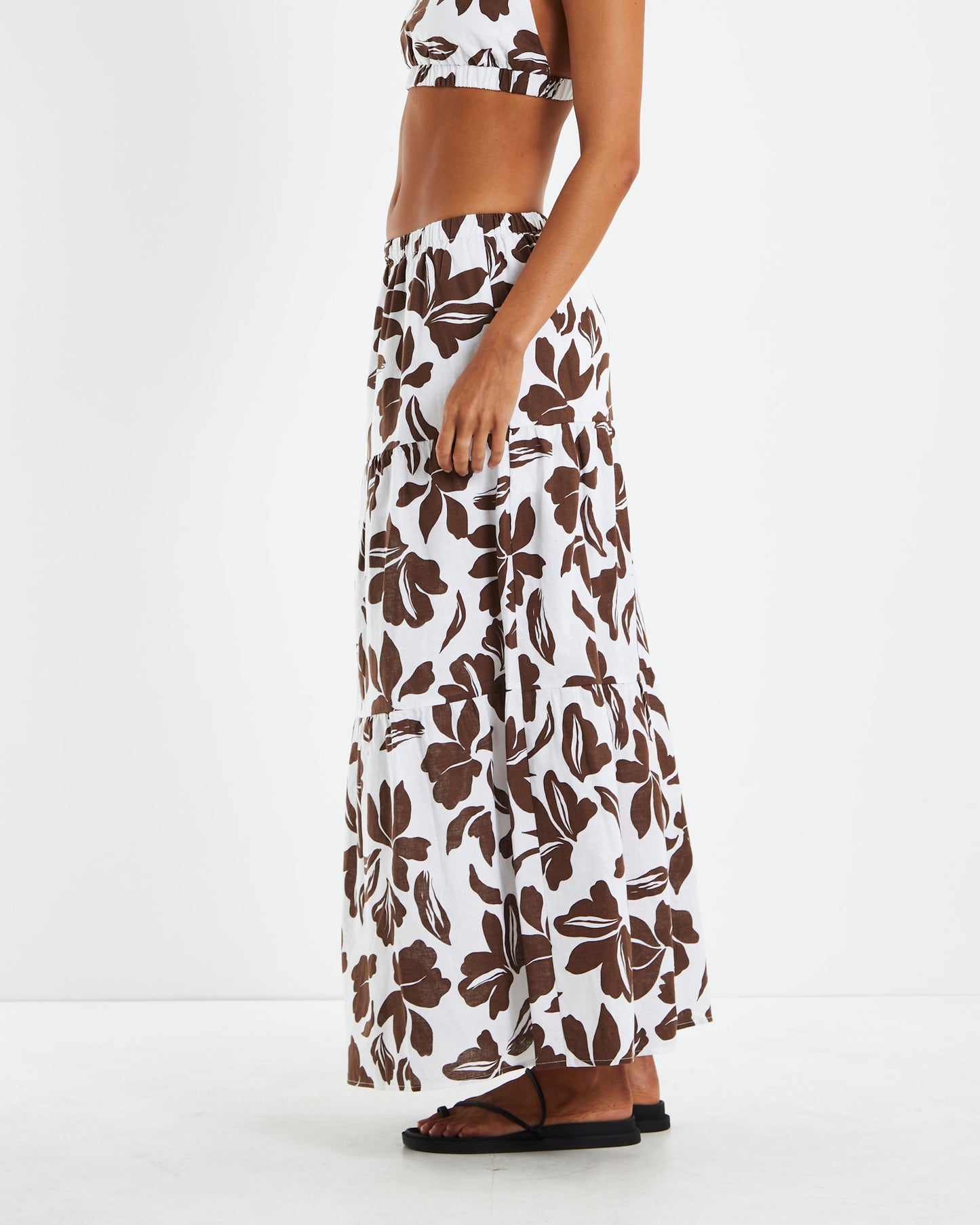 Niah Linen Tiered Midi Skirt Brown/White