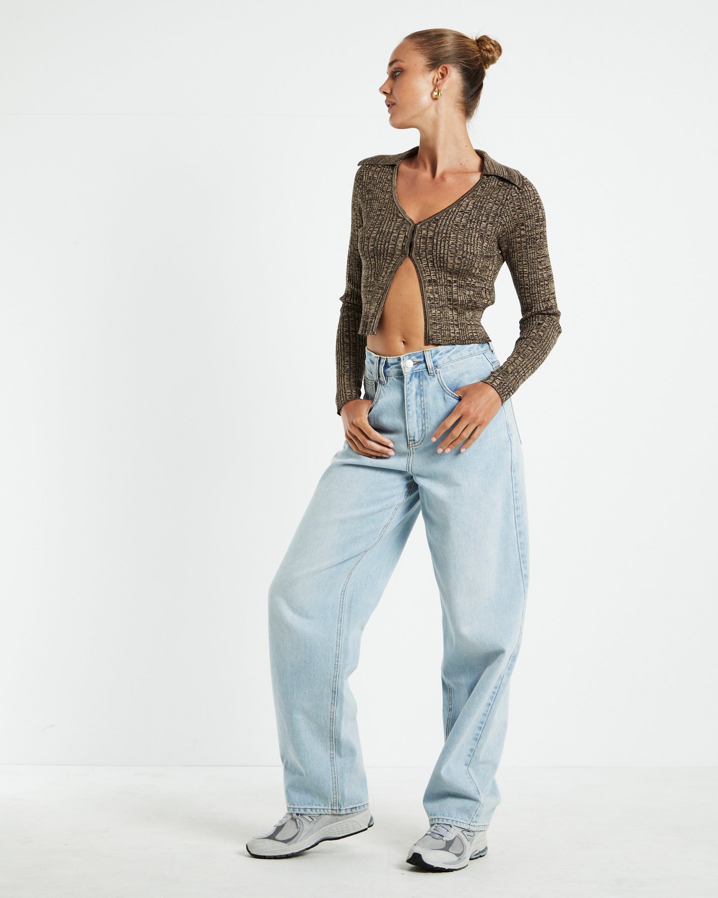 Willow Hook Front Knit Long Sleeve Top Brown