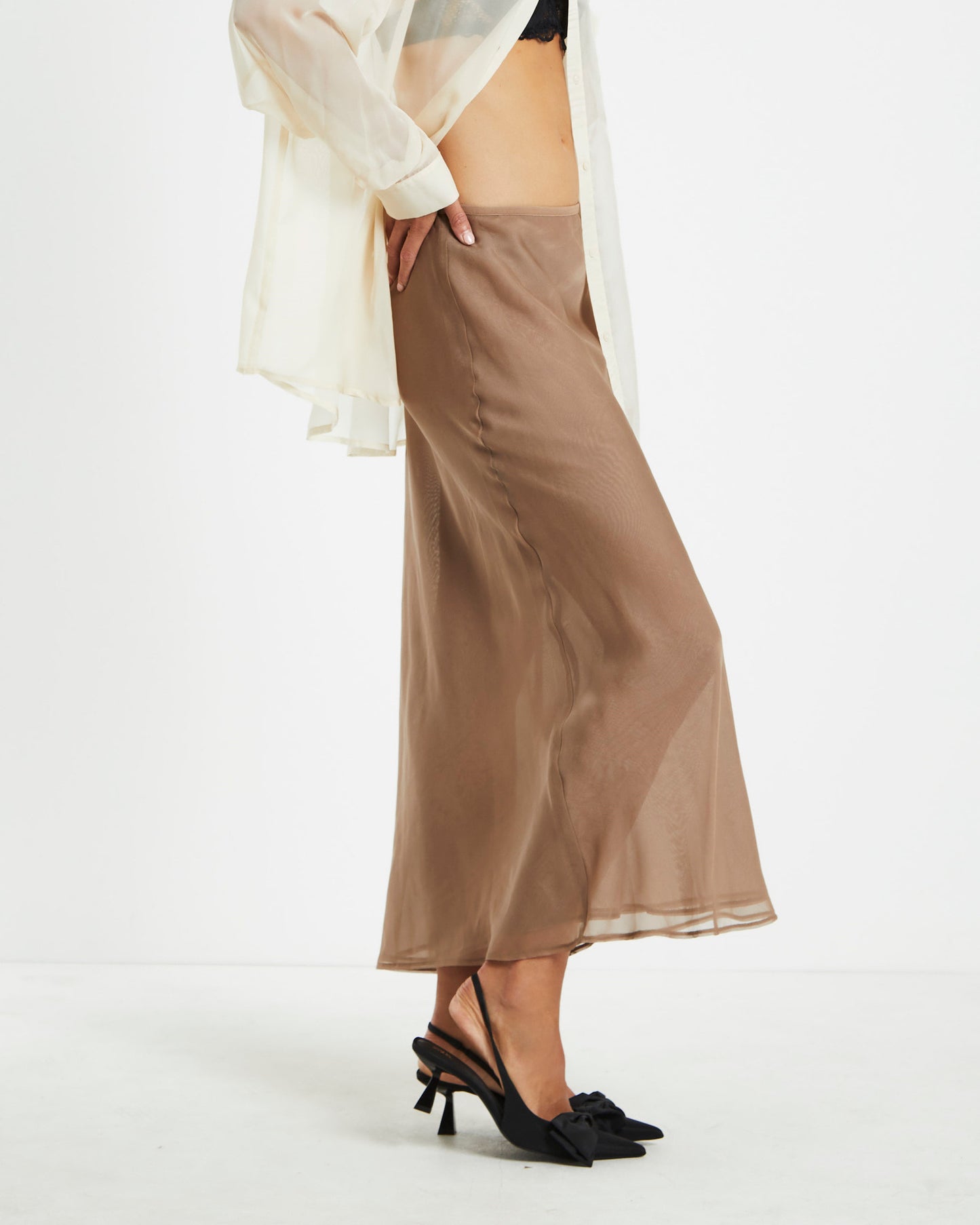 Faye Sheer Midi Skirt Brown