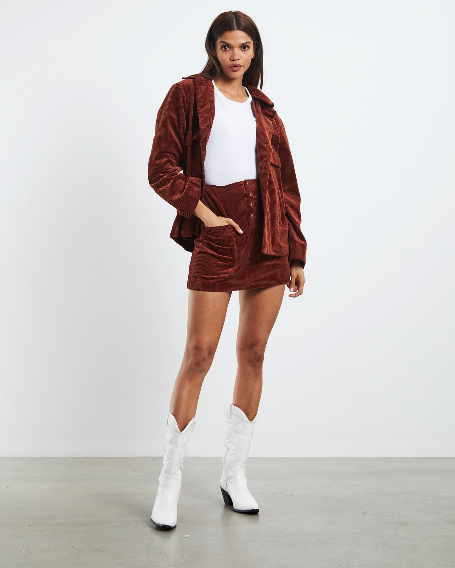 Phoebe Tonkin x Rolla's Francoise Cord Mini Skirt Chestnut Brown