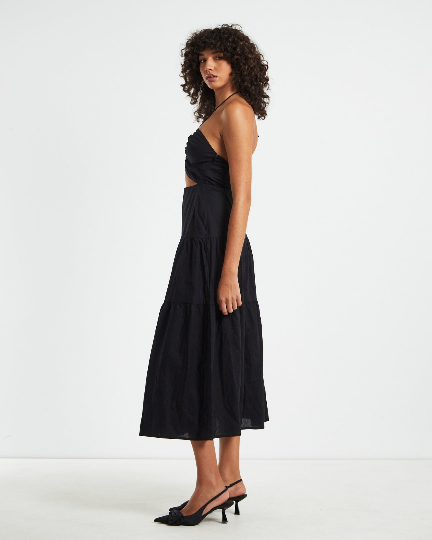 Niah Tiered Tie Up Midi Dress in Black